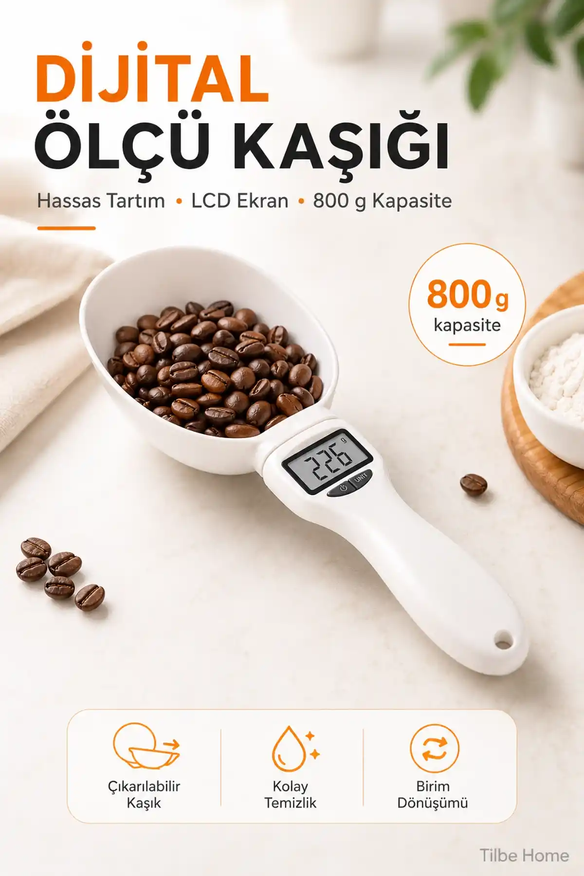 Dijital Ölçü Kaşığı Terazi 800 Gr Hassas Tartılı Mama Kabı LCD Ekranlı Mutfak Kahve Un Ölçüm Kaşığı