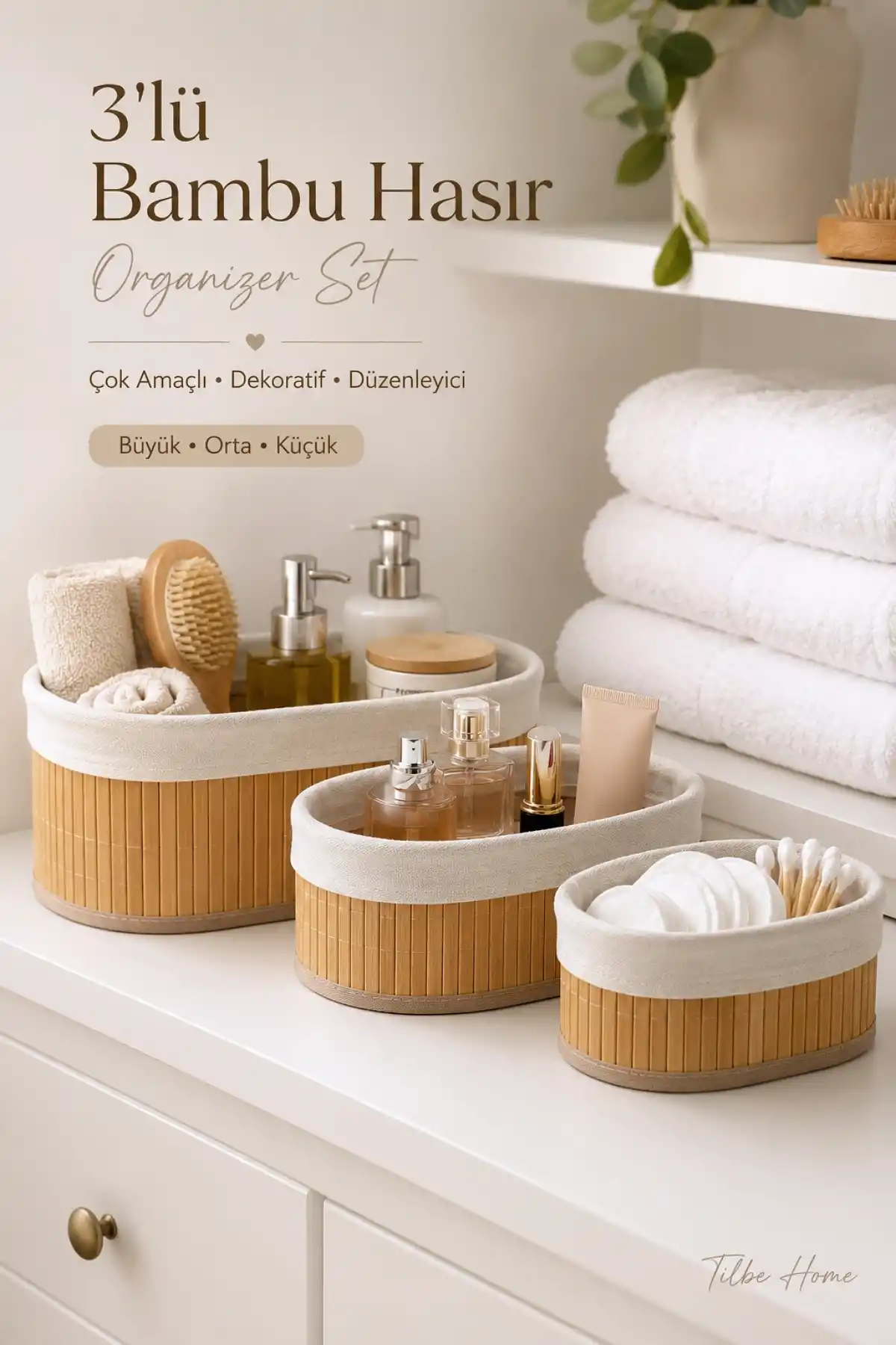 3’lü Oval Bambu Hasır Sepet Seti Dekoratif Banyo Makyaj Mutfak Düzenleyici Organizer Sepet