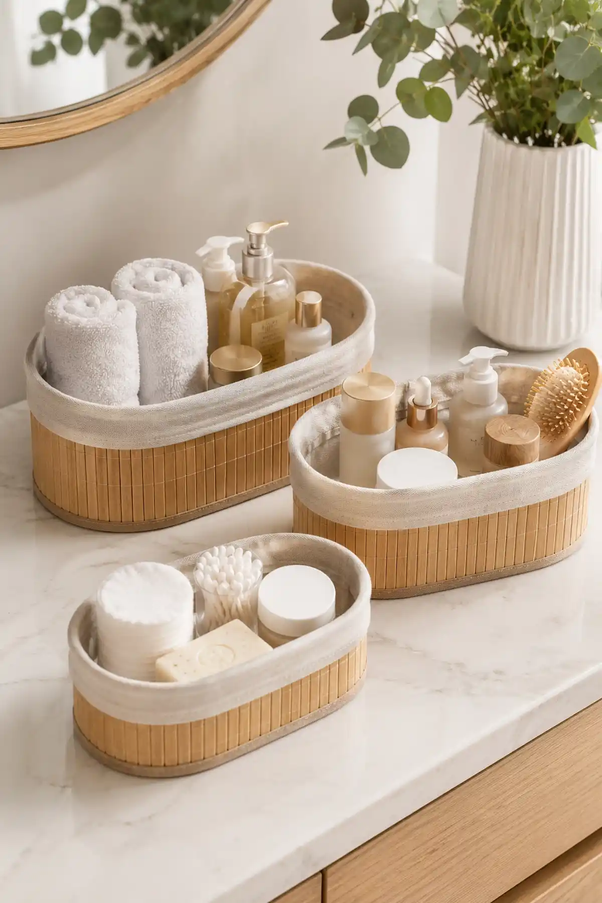 3’lü Oval Bambu Hasır Sepet Seti Dekoratif Banyo Makyaj Mutfak Düzenleyici Organizer Sepet