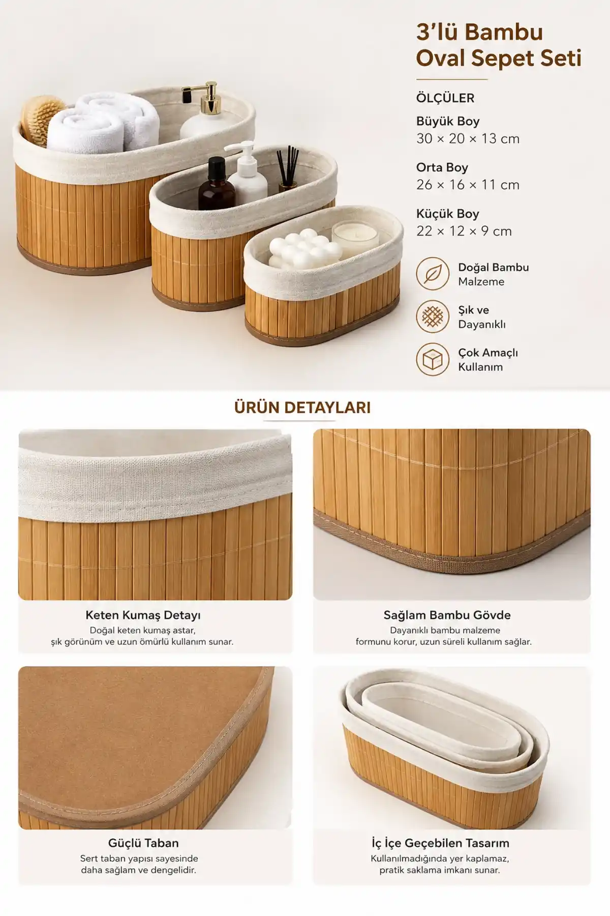 3’lü Oval Bambu Hasır Sepet Seti Dekoratif Banyo Makyaj Mutfak Düzenleyici Organizer Sepet
