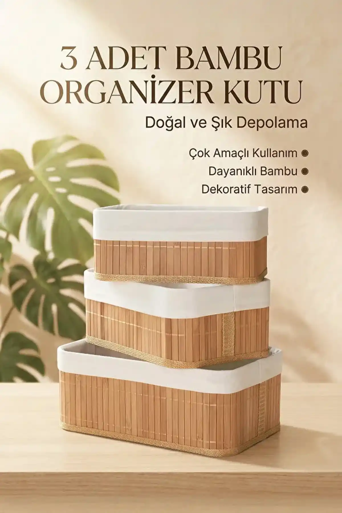 3’lü Bambu Hasır Sepet Seti Dekoratif Banyo Makyaj Mutfak Dolap İçi Organizer Sepet Seti