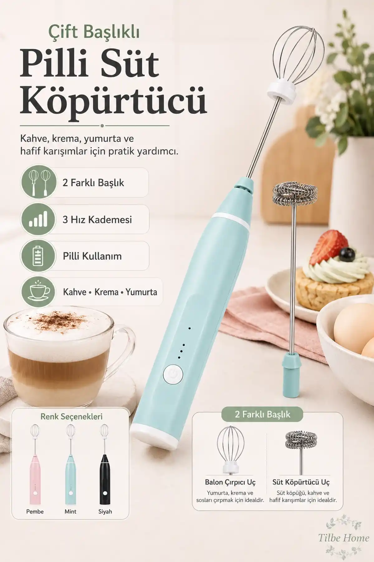 Çift Başlıklı Elektrikli Süt Köpürtücü 3 Hızlı El Mikseri Kahve Krema Yumurta Çırpıcı Karıştırıcı