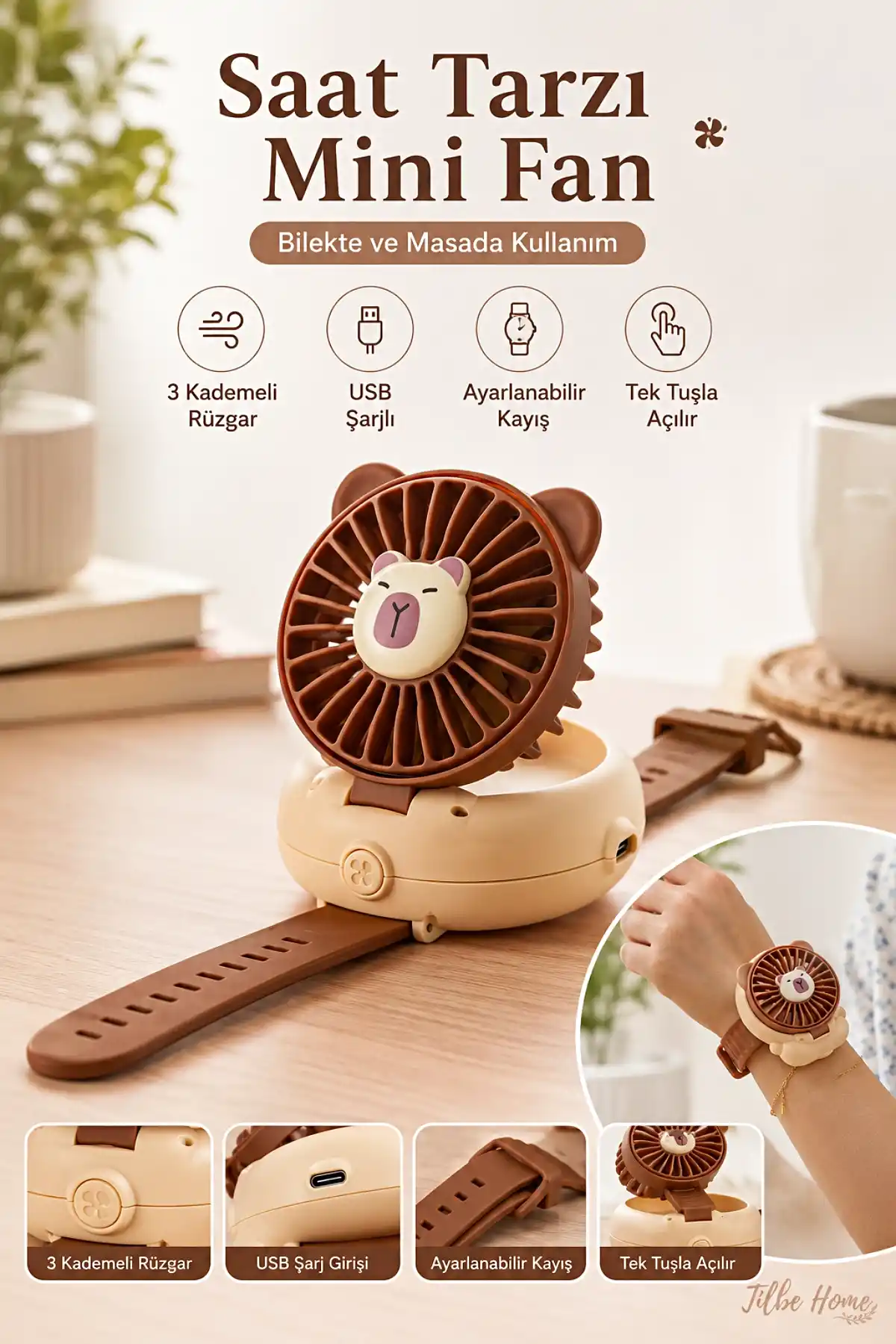 Ayıcık Usb Şarjlı Mini Fan 3 Hızlı Bilekli Saat Şekli Masaüstü Taşınabilir Soğutucu El Vantilatörü