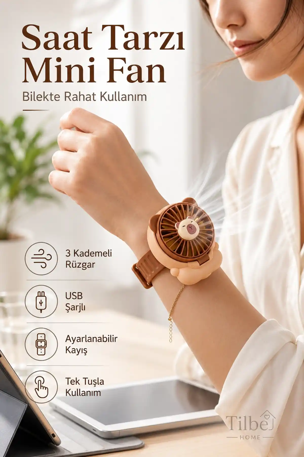 Ayıcık Usb Şarjlı Mini Fan 3 Hızlı Bilekli Saat Tarzı Masaüstü Taşınabilir Soğutucu El Vantilatörü