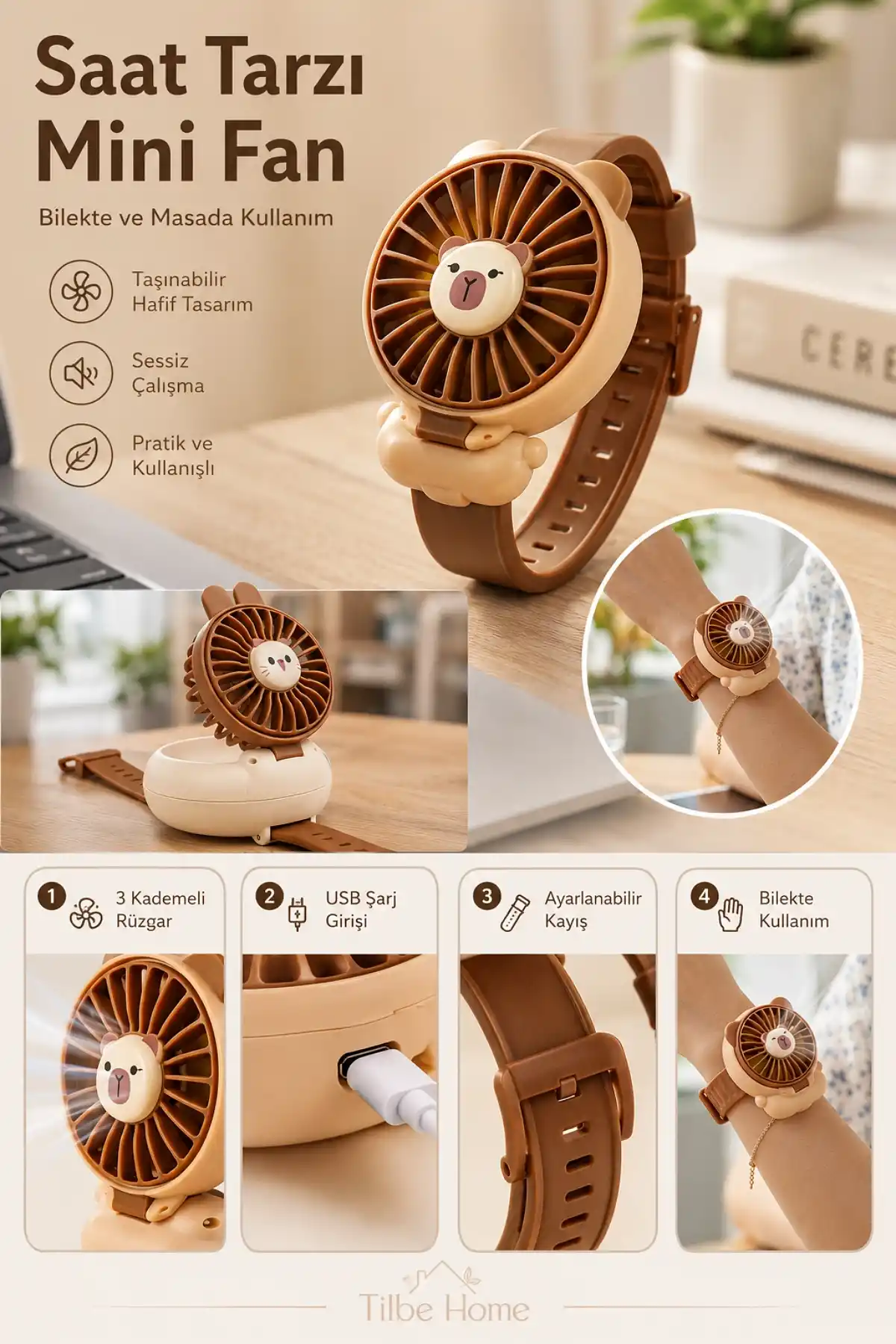 Ayıcık Usb Şarjlı Mini Fan 3 Hızlı Bilekli Saat Tarzı Masaüstü Taşınabilir Soğutucu El Vantilatörü