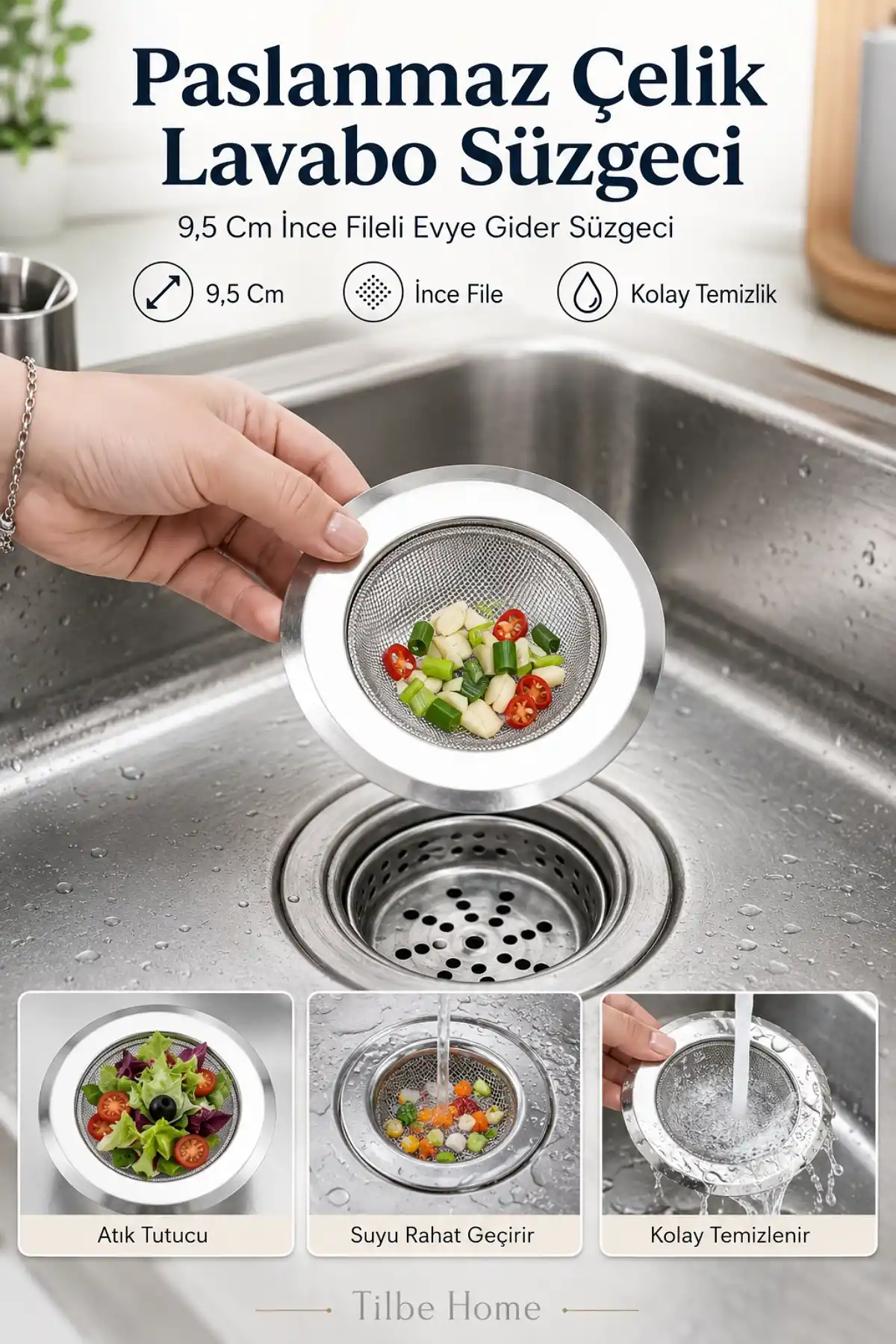 Paslanmaz Çelik Lavabo Süzgeci 9,5 cm İnce Fileli Evye Gider Süzgeç Mutfak Banyo Atık Tutucu