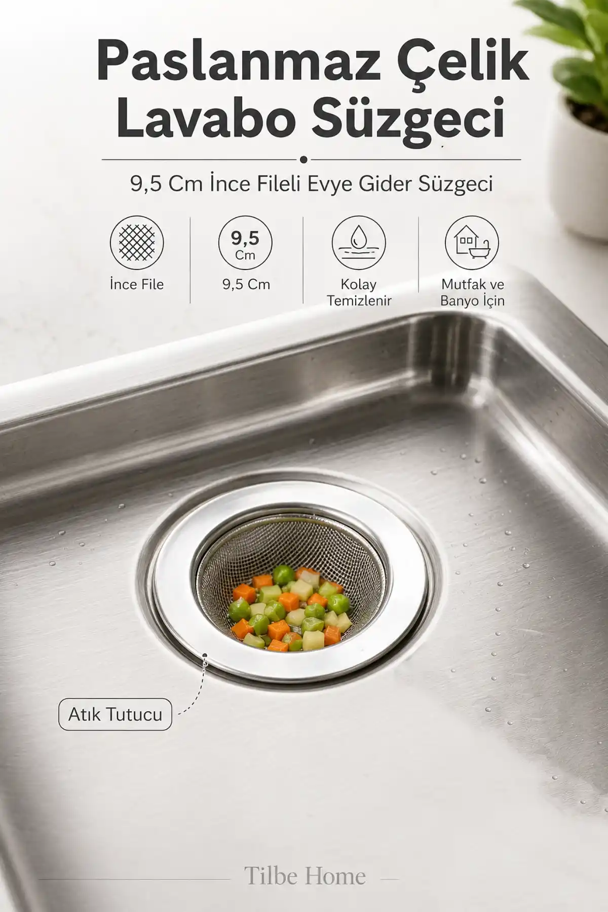 Çelik Lavabo Süzgeci 9,5 cm İnce Fileli Evye Gider Süzgeç Mutfak Banyo Atık Tutucu Tümüne Uygun