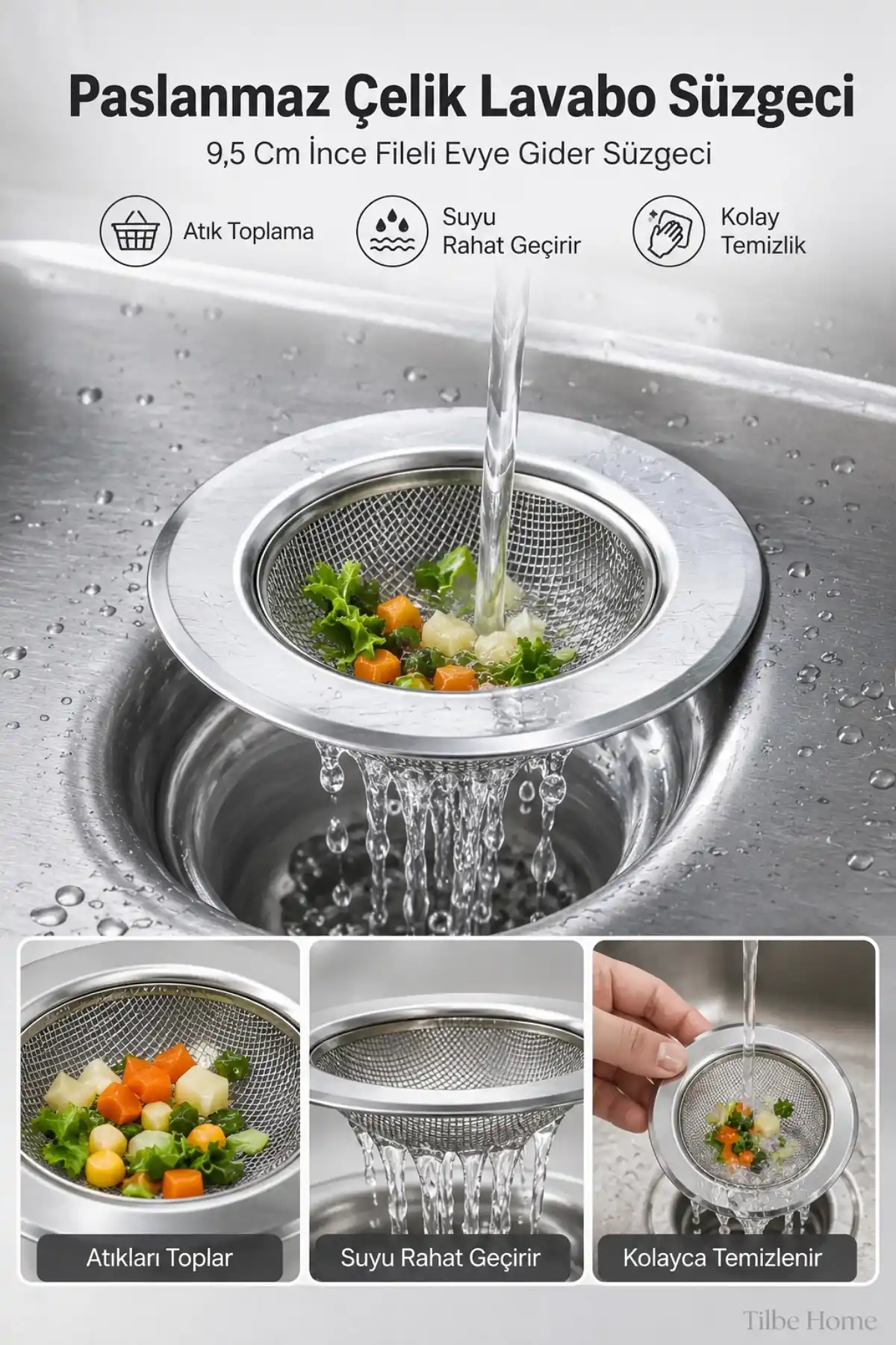 Çelik Lavabo Süzgeci 9,5 cm İnce Fileli Evye Gider Süzgeç Mutfak Banyo Atık Tutucu Tümüne Uygun