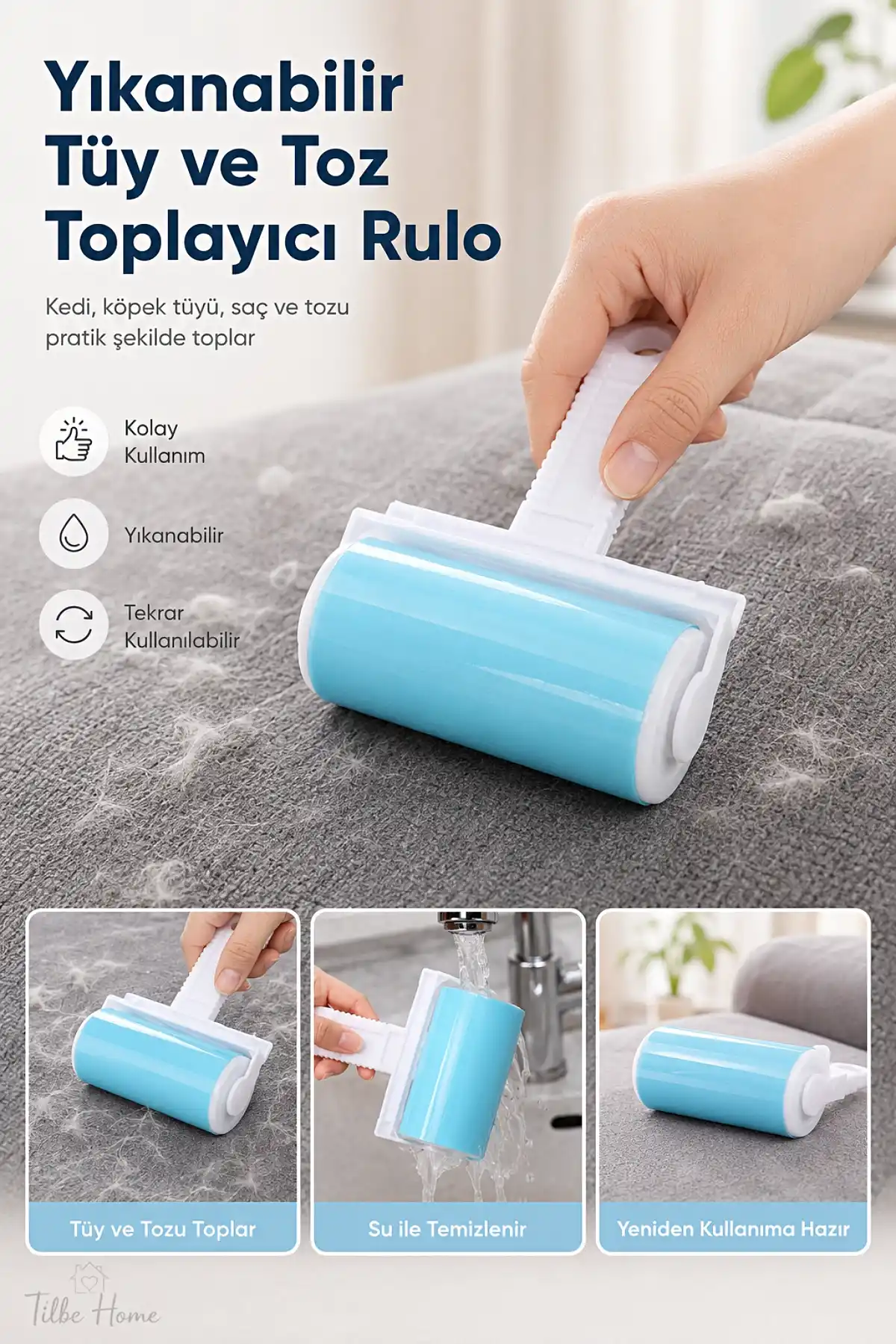 Yıkanabilir Tüy Toplayıcı Rulo Kedi Köpek Tüy Toz Kıl Tiftik Temizleyici Elbise Koltuk Halı Aparatı