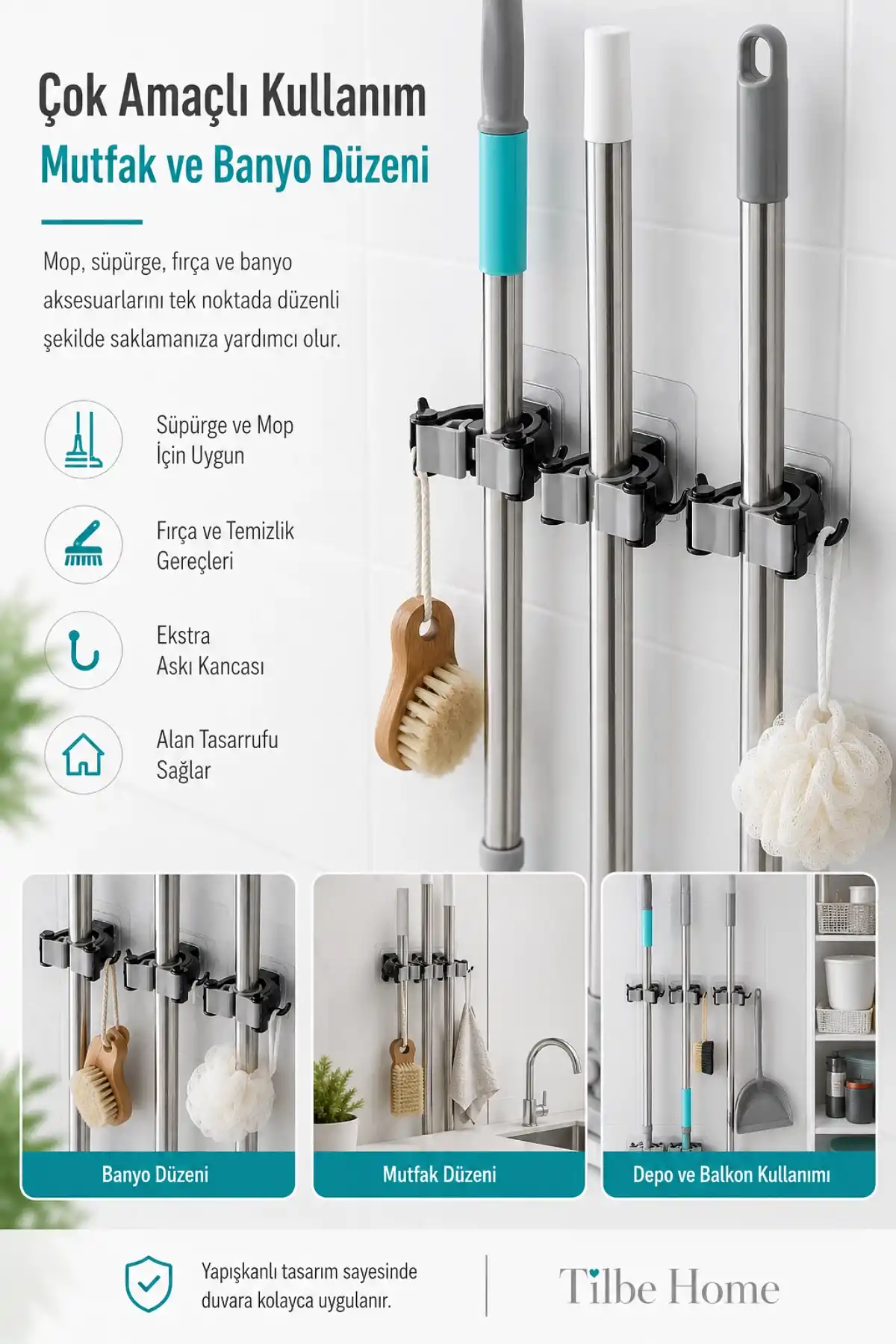 Yapışkanlı Fırça Mop Askısı Sap Tutucu Mutfak Banyo Duvar Askısı Organizer Pratik Mop Askısı