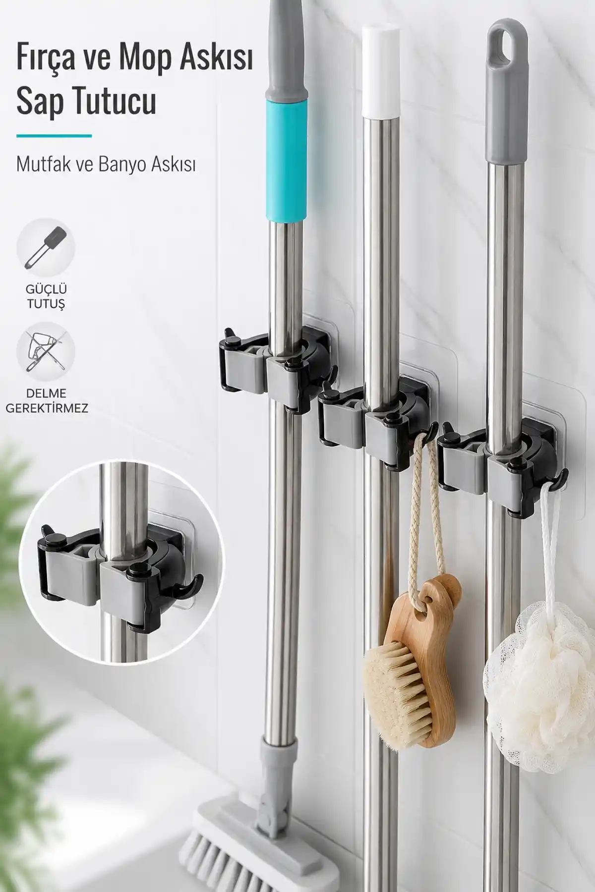 Yapışkanlı Fırça Mop Askısı Sap Tutucu Mutfak Banyo Duvar Askısı Organizer Pratik Mop Askısı