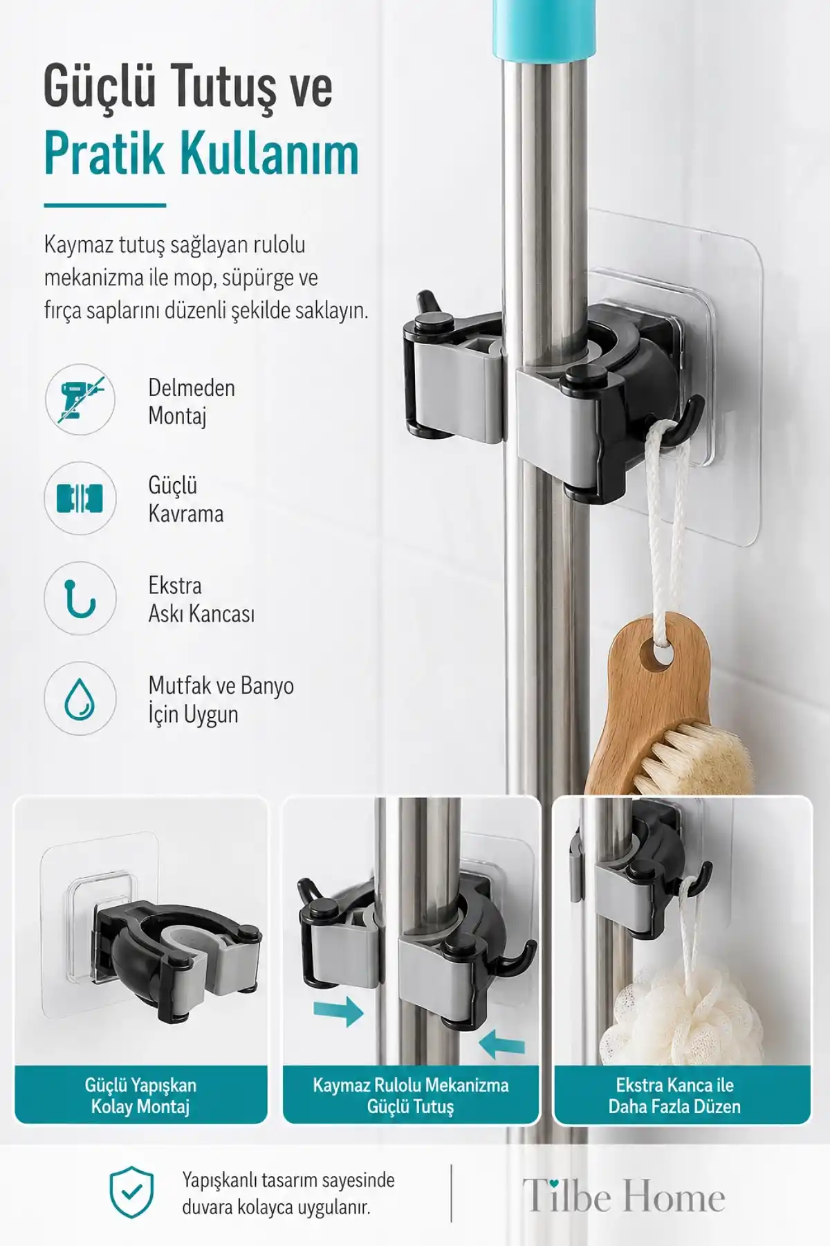 Yapışkanlı Fırça Mop Askısı Sap Tutucu Mutfak Banyo Duvar Askısı Organizer Pratik Mop Askısı