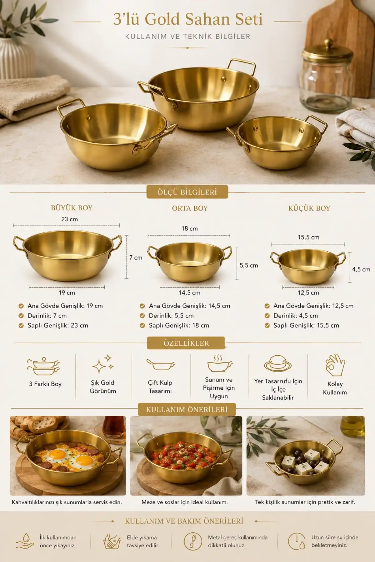 3lü Gold Metal Çift Kulplu Sahan Tava Seti Kahvaltılık Meze Menemen Mutfak Sofra Sunum Kabı Seti