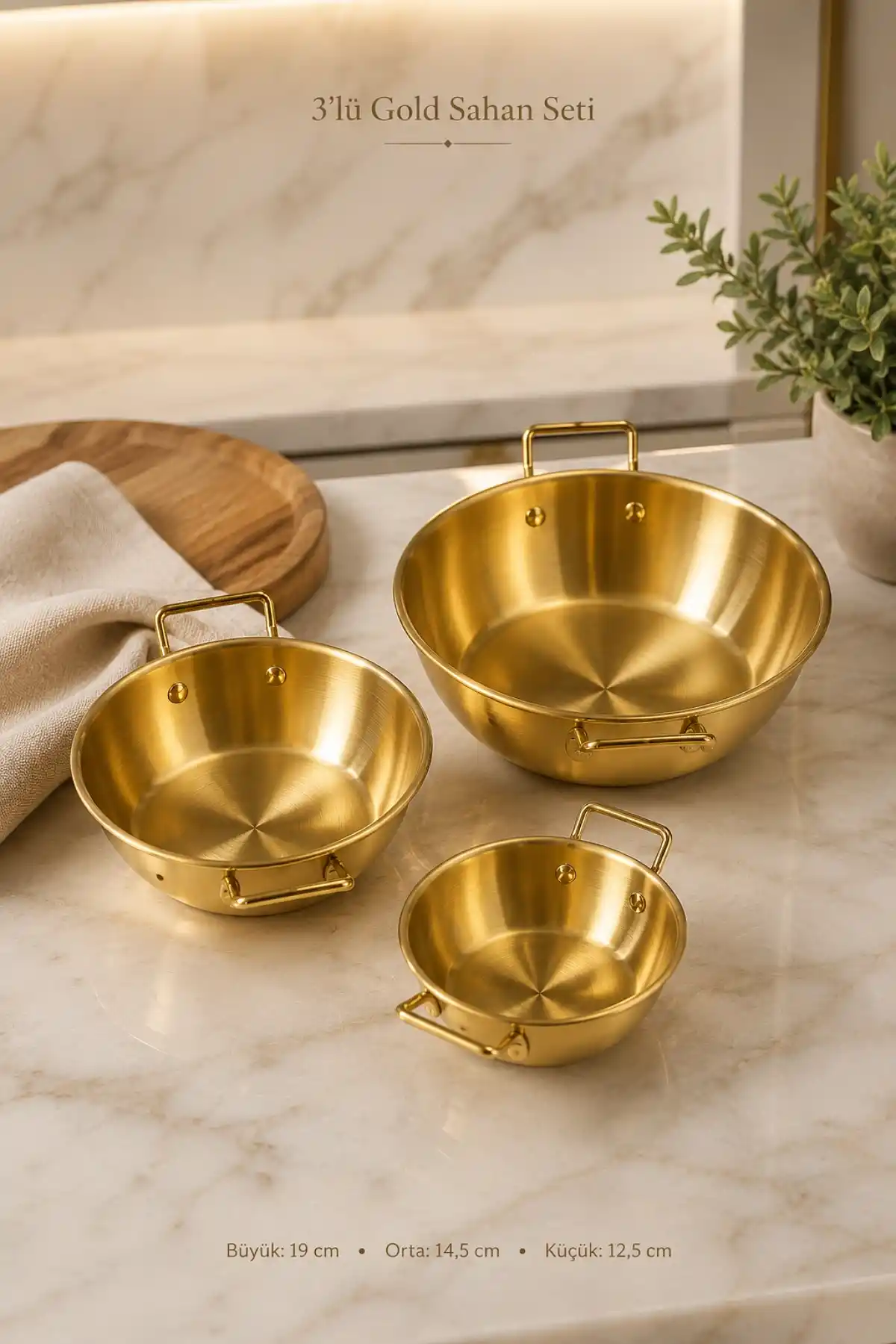 3lü Gold Metal Çift Kulplu Sahan Tava Seti Kahvaltılık Meze Menemen Mutfak Sofra Sunum Kabı Seti