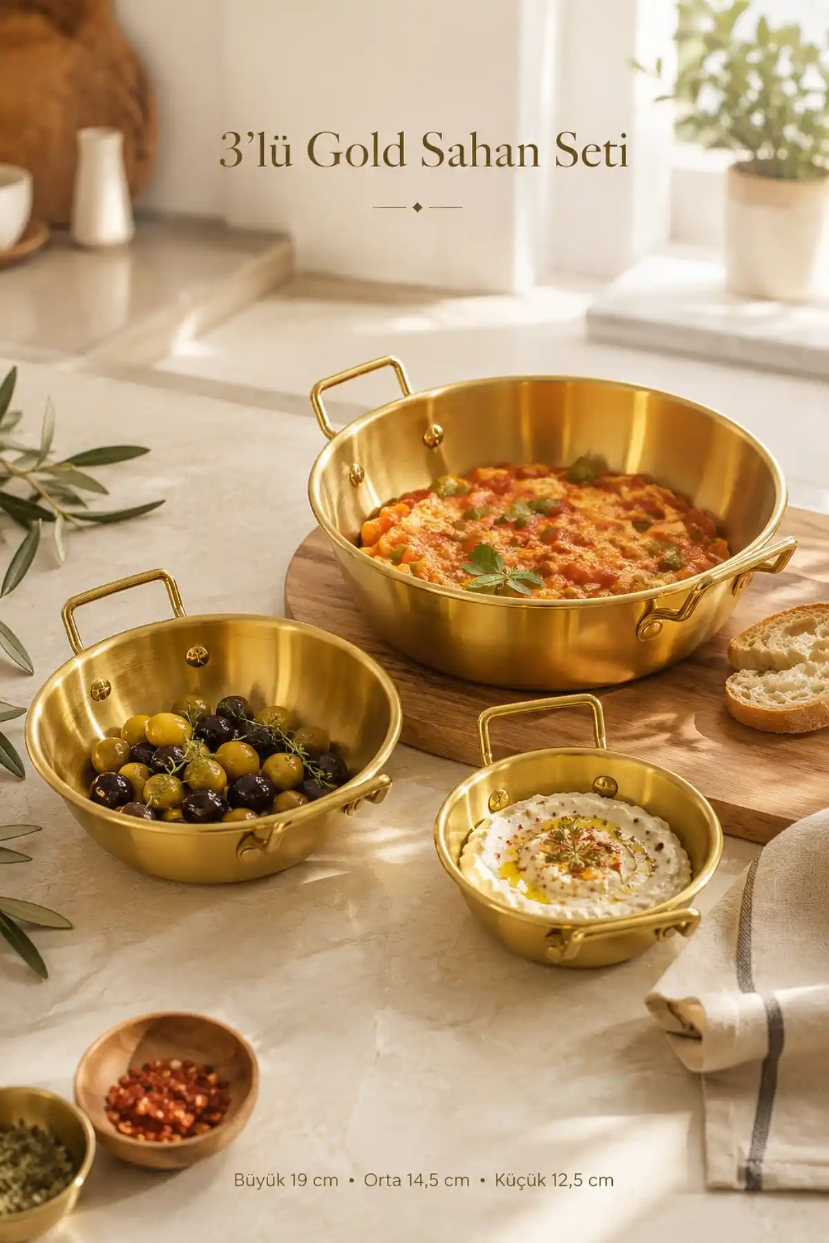 3lü Gold Metal Çift Kulplu Sahan Tava Seti Kahvaltılık Meze Menemen Mutfak Sofra Sunum Kabı Seti