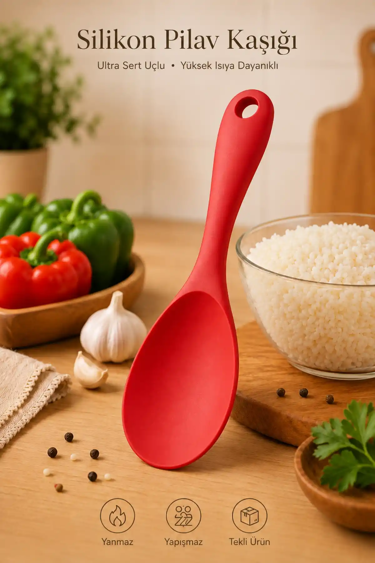 Silikon Pilav Kaşığı Ultra Sert Uçlu Yanmaz Yapışmaz Isıya Dayanıklı Kırmızı Servis Yemek Kaşığı