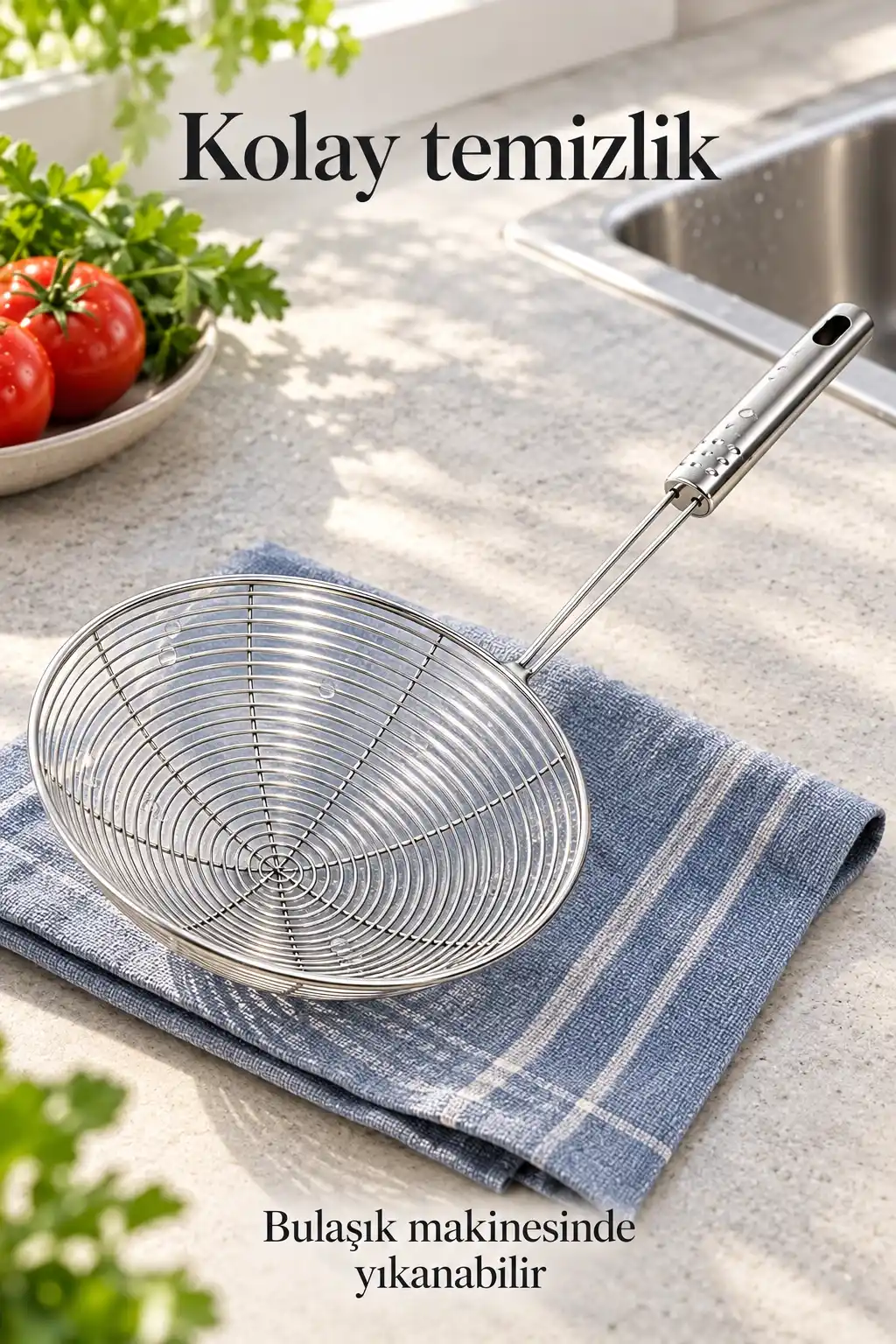 3 Adet Paslanmaz Çelik Tel Kevgir Seti 32x16 cm Uzun Saplı Patates Kızartma ve Yemek Servis Süzgeci