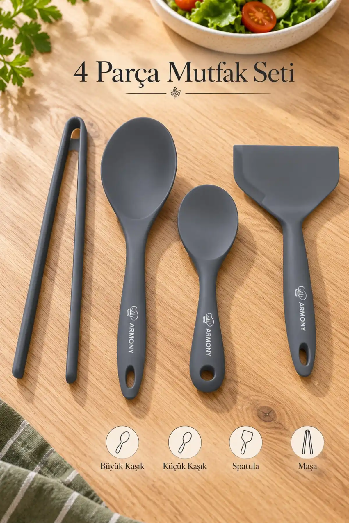 4 Parça Gri Silikon Mutfak Seti Büyük Küçük Kaşık, Spatula ve Maşa Hazırlık Servis Gereçleri Takımı