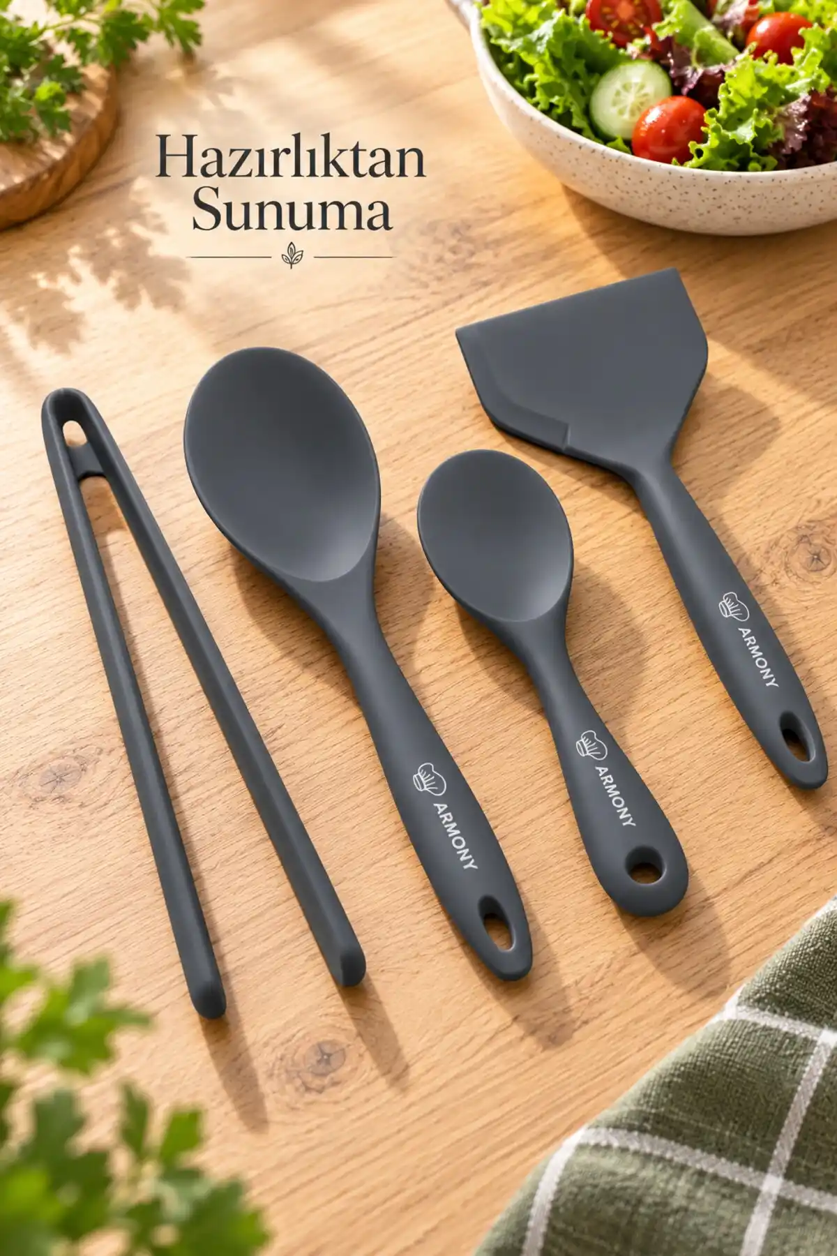 4 Parça Gri Silikon Mutfak Seti Büyük Küçük Kaşık, Spatula ve Maşa Hazırlık Servis Gereçleri Takımı