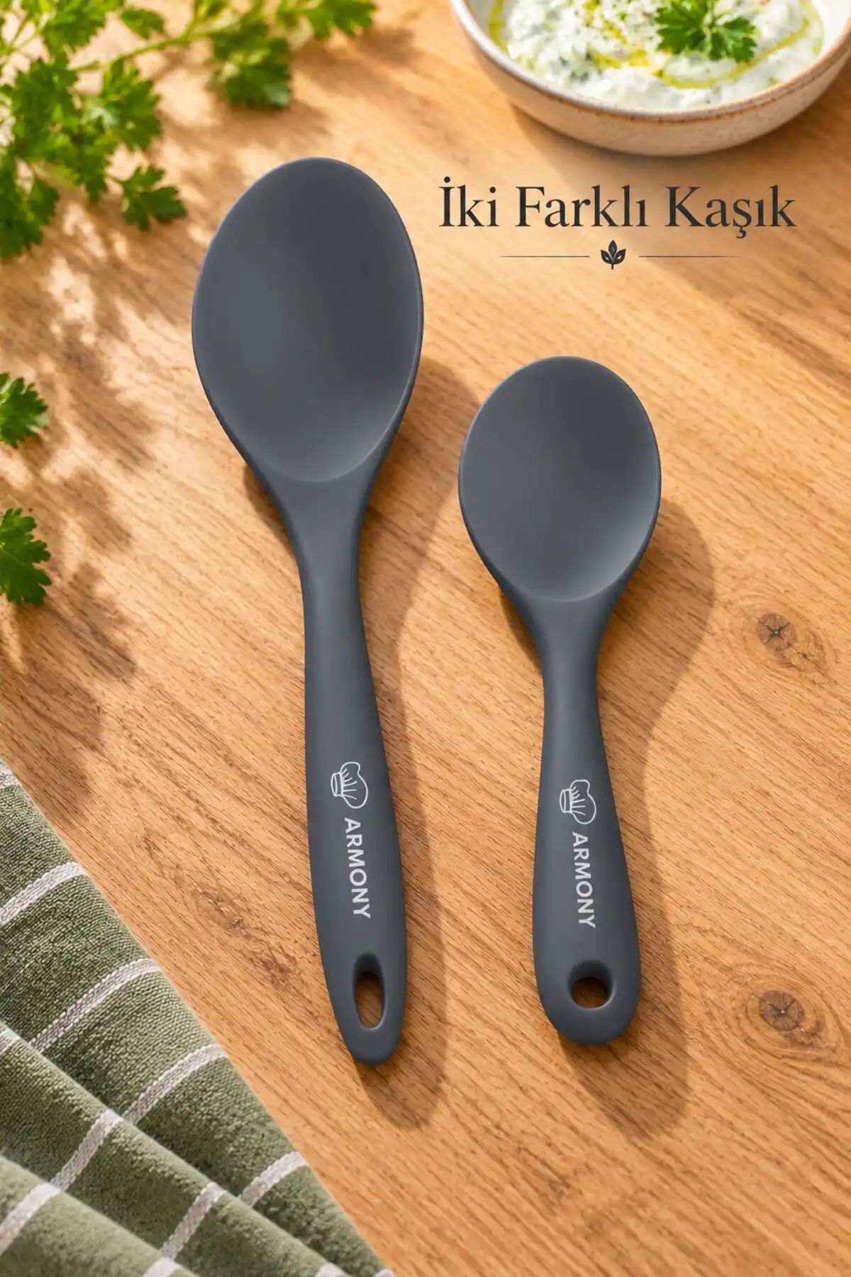 4 Parça Gri Silikon Mutfak Seti Büyük Küçük Kaşık, Spatula ve Maşa Hazırlık Servis Gereçleri Takımı