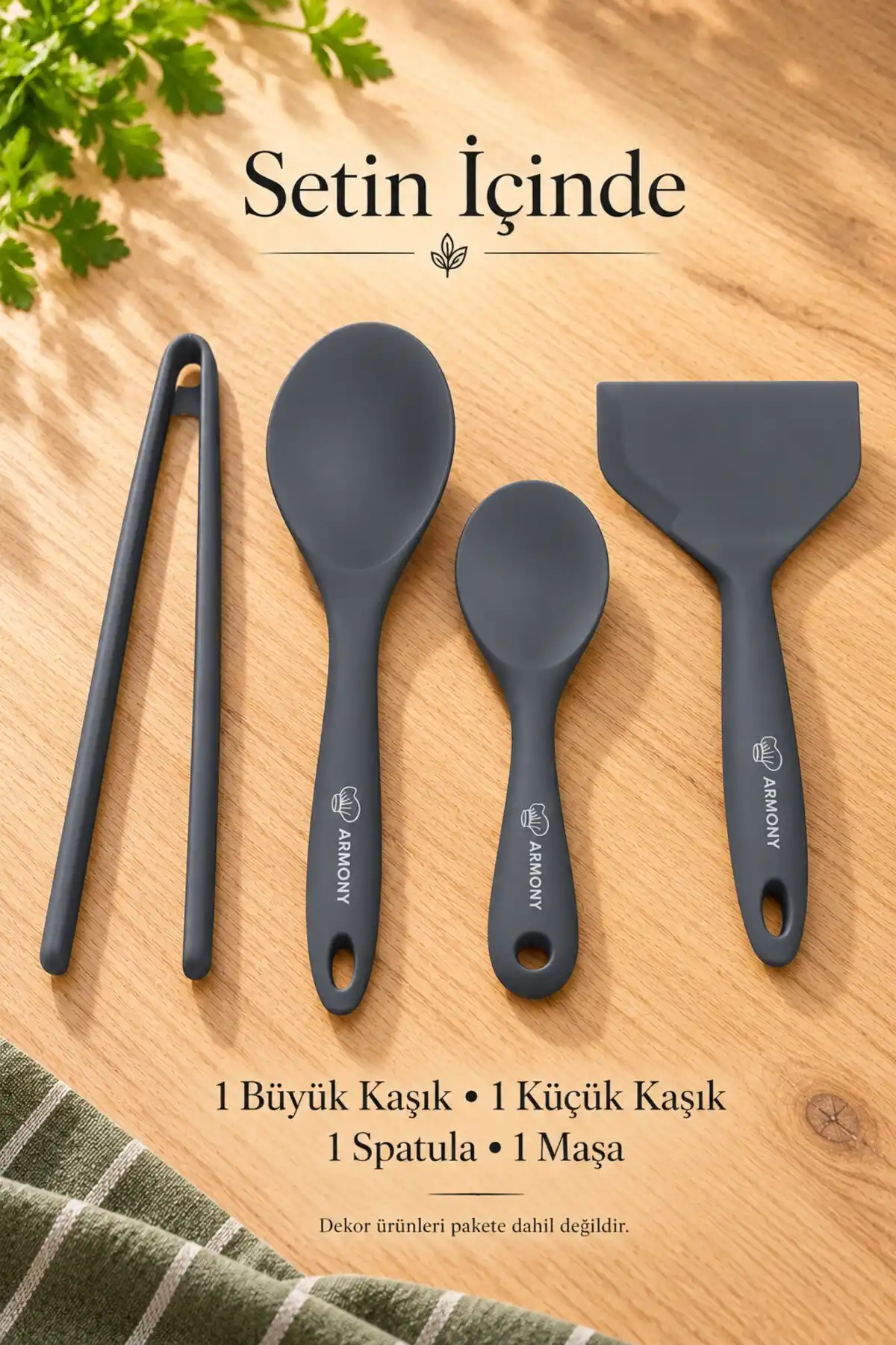 4 Parça Gri Silikon Mutfak Seti Büyük Küçük Kaşık, Spatula ve Maşa Hazırlık Servis Gereçleri Takımı