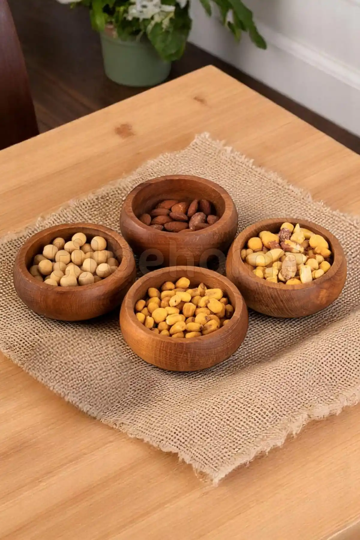4lü Ahşap Kase Çerezlik Kuruyemiş Sunumluk Natural Sofra Sunum Kahvaltılık Kase Seti