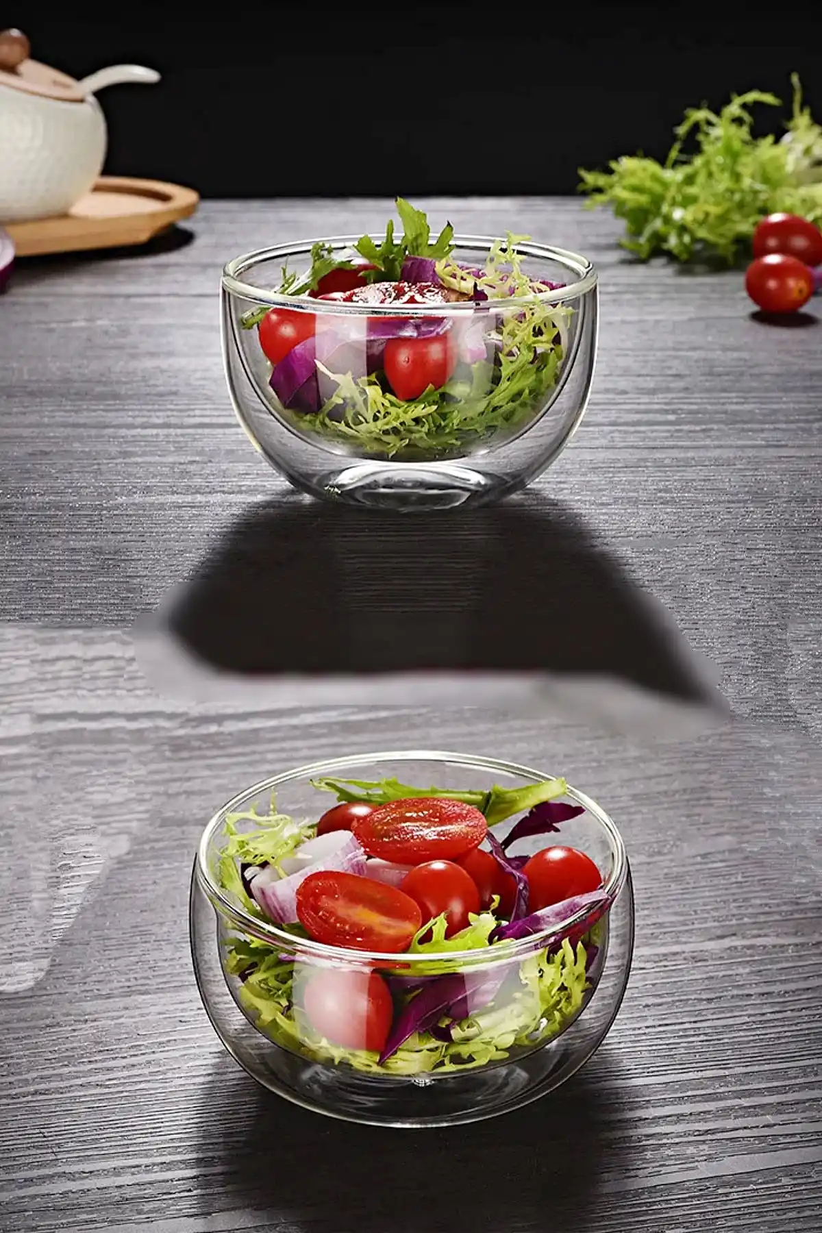 4lü Çift Cidarlı Cam Kase 350ml Büyük Boy Isıya Dayanıklı Borosilikat Cam Salata Tatlı Sunum Kasesi