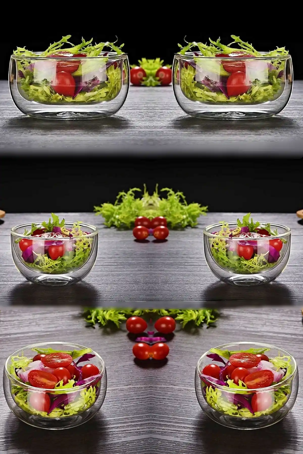 4lü Çift Cidarlı Cam Kase 350ml Büyük Boy Isıya Dayanıklı Borosilikat Cam Salata Tatlı Sunum Kasesi