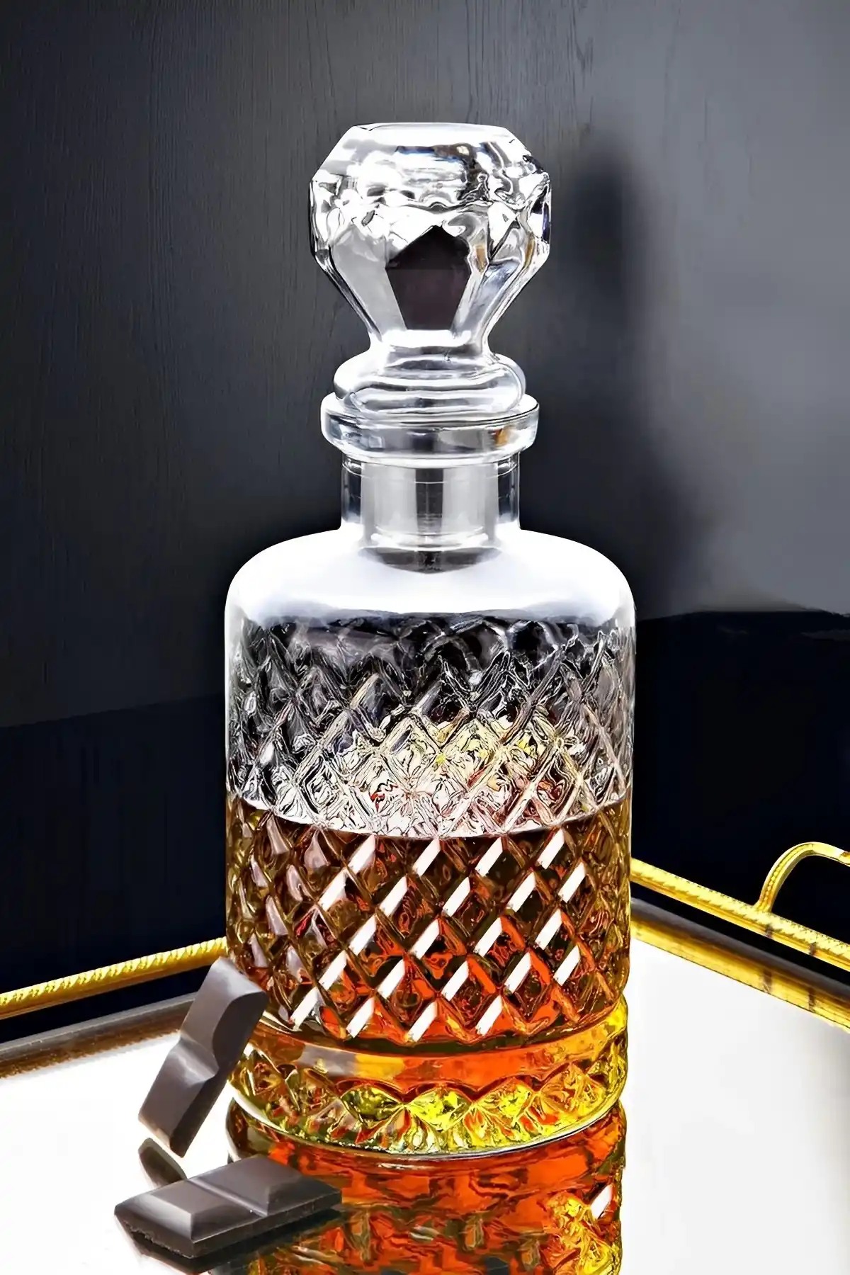 Cam Karaf Sürahi 1250 ml Su Meşrubat Kokteyl Topuz Kapaklı Sürahi Dekor Kristal Kesme Karaf Şişesi