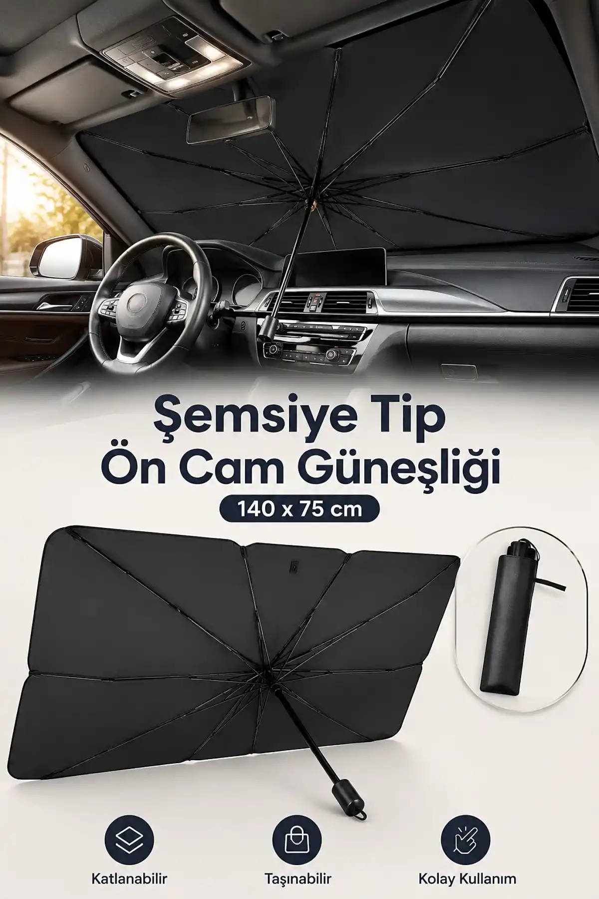 Araba Ön Cam Güneşliği Şemsiye Tip Katlanabilir Oto Cam Güneşlik Perde Araç Park Gölgelik 140x75CM