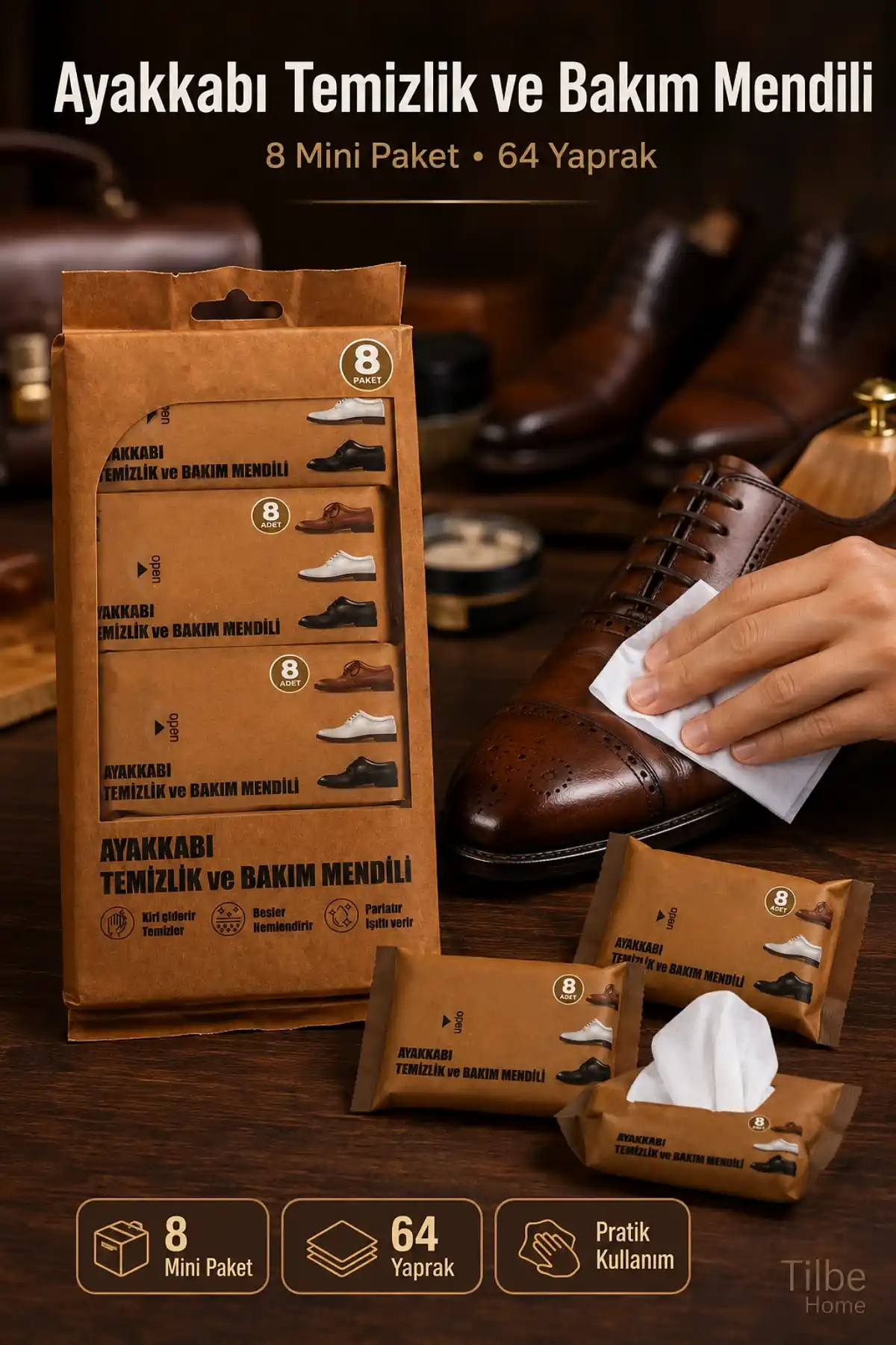 Ayakkabı Temizleme ve Bakım Mendili 8 Mini Paket 64 Yaprak Pratik Parlatıcı Islak Mendil Seti