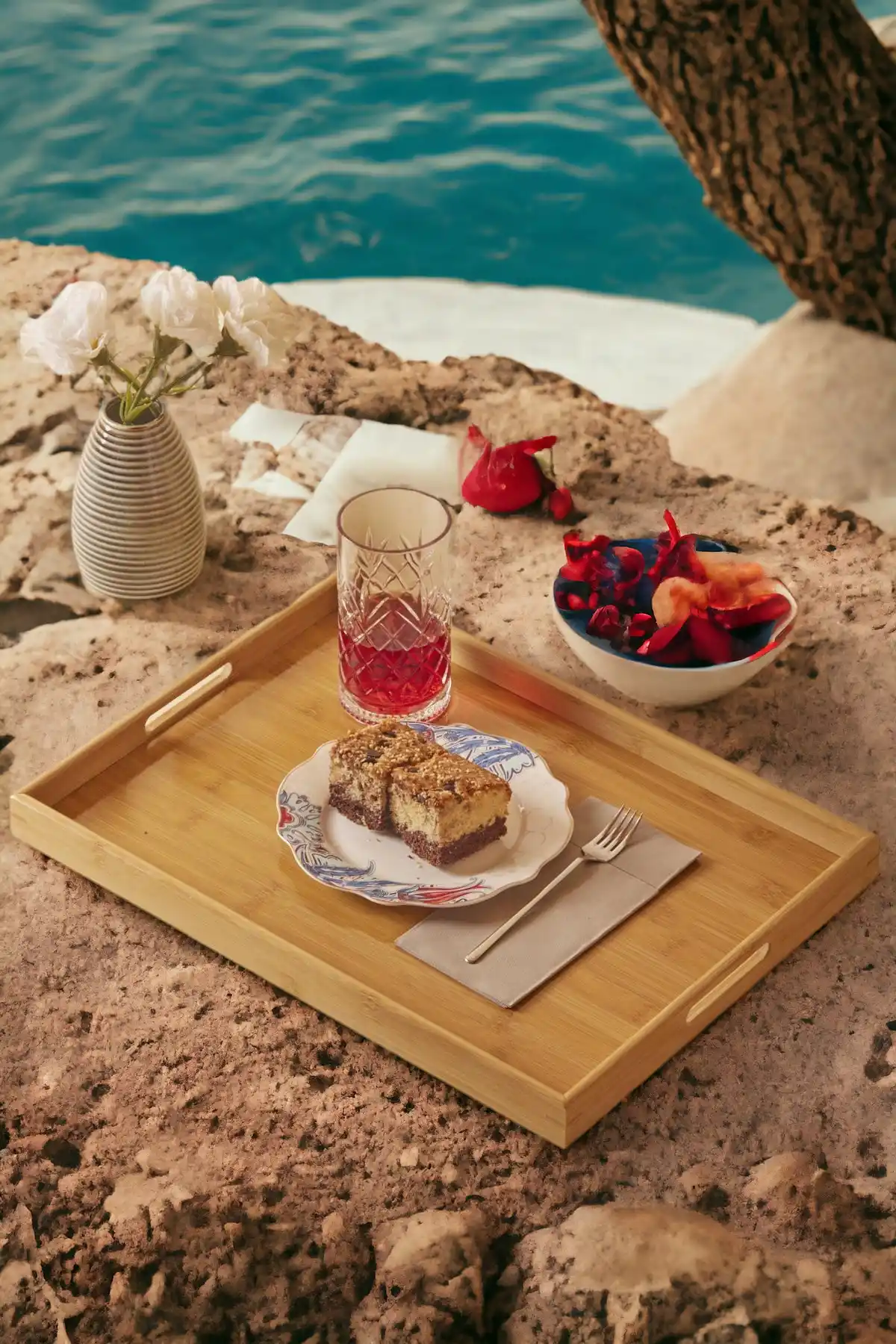Bambu Çay Tepsisi Lüx Kulplu Dikdörtgen Kahve Çay Servis Sunum Doğal Bambu 33X22 İdeal Boy Tepsi