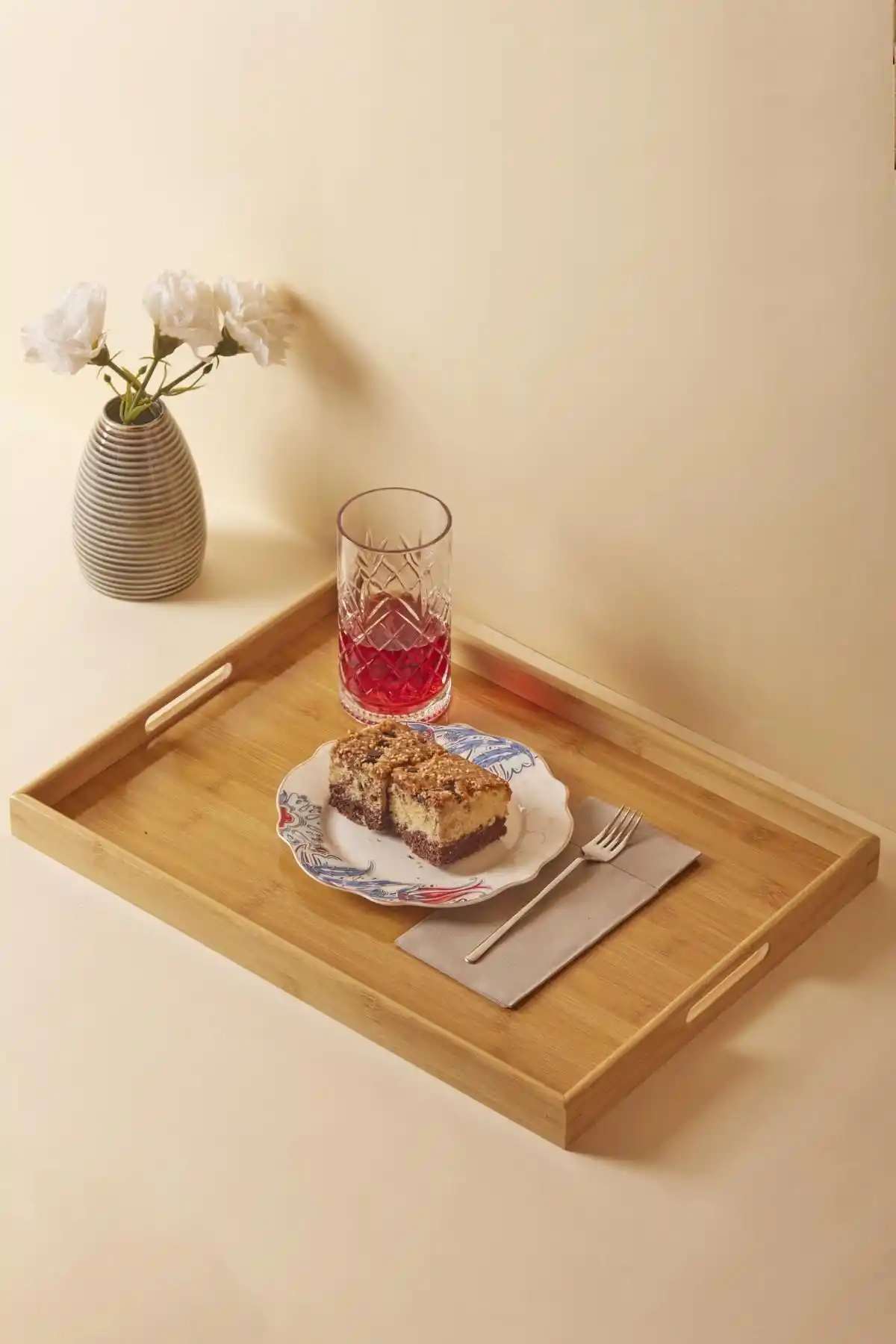Bambu Tepsi Büyük Boy Kahve Çay Servis Sunum Doğal Bambu Tepsi Lüx Kulplu Dikdörtgen 40X30 Tepsi