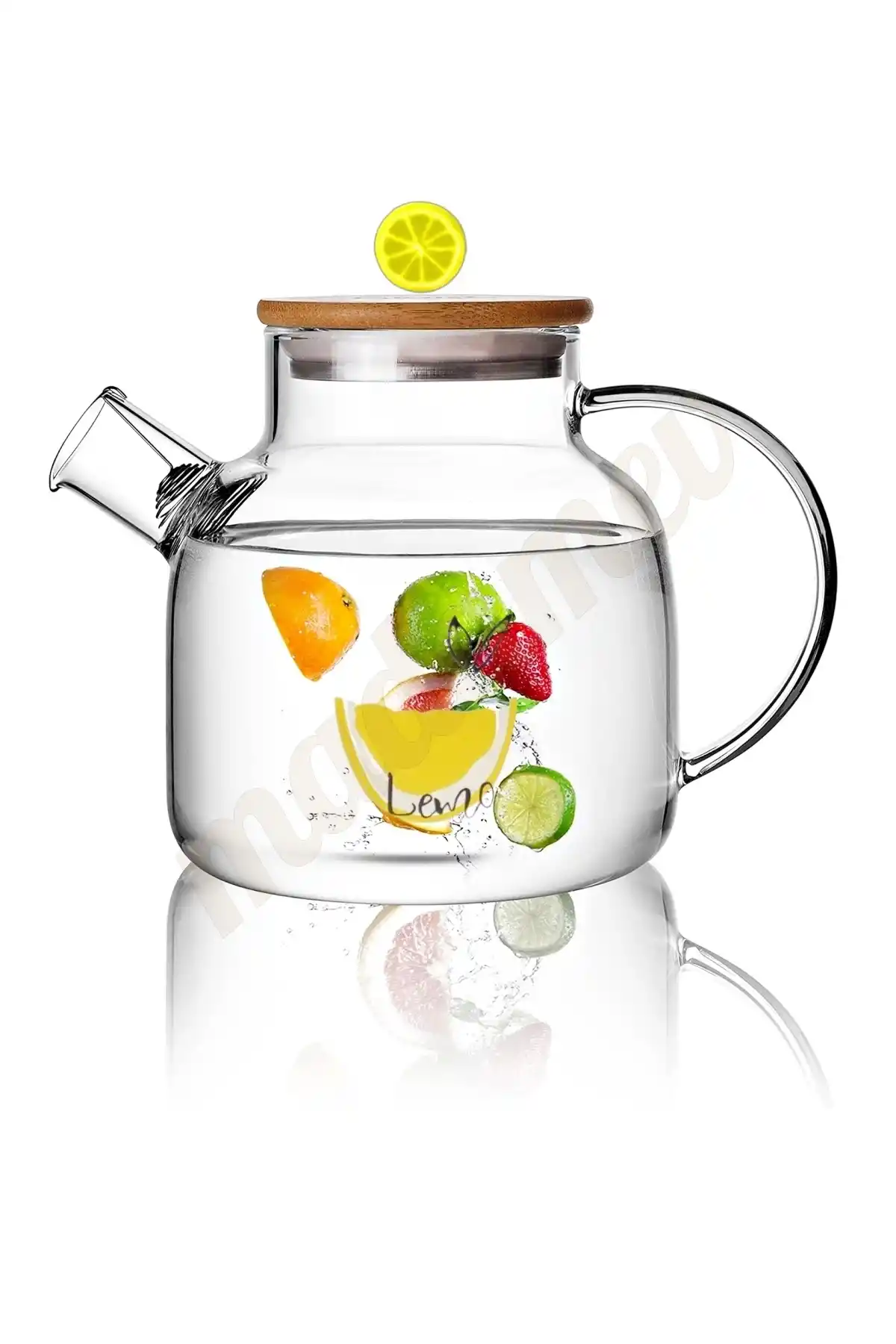 Bambu Kapaklı Limon Figürlü Demlik Borosilikat Cam Sürahi Çelik Süzgeçli Bitki Çayı Çaydanlık 1 lt.