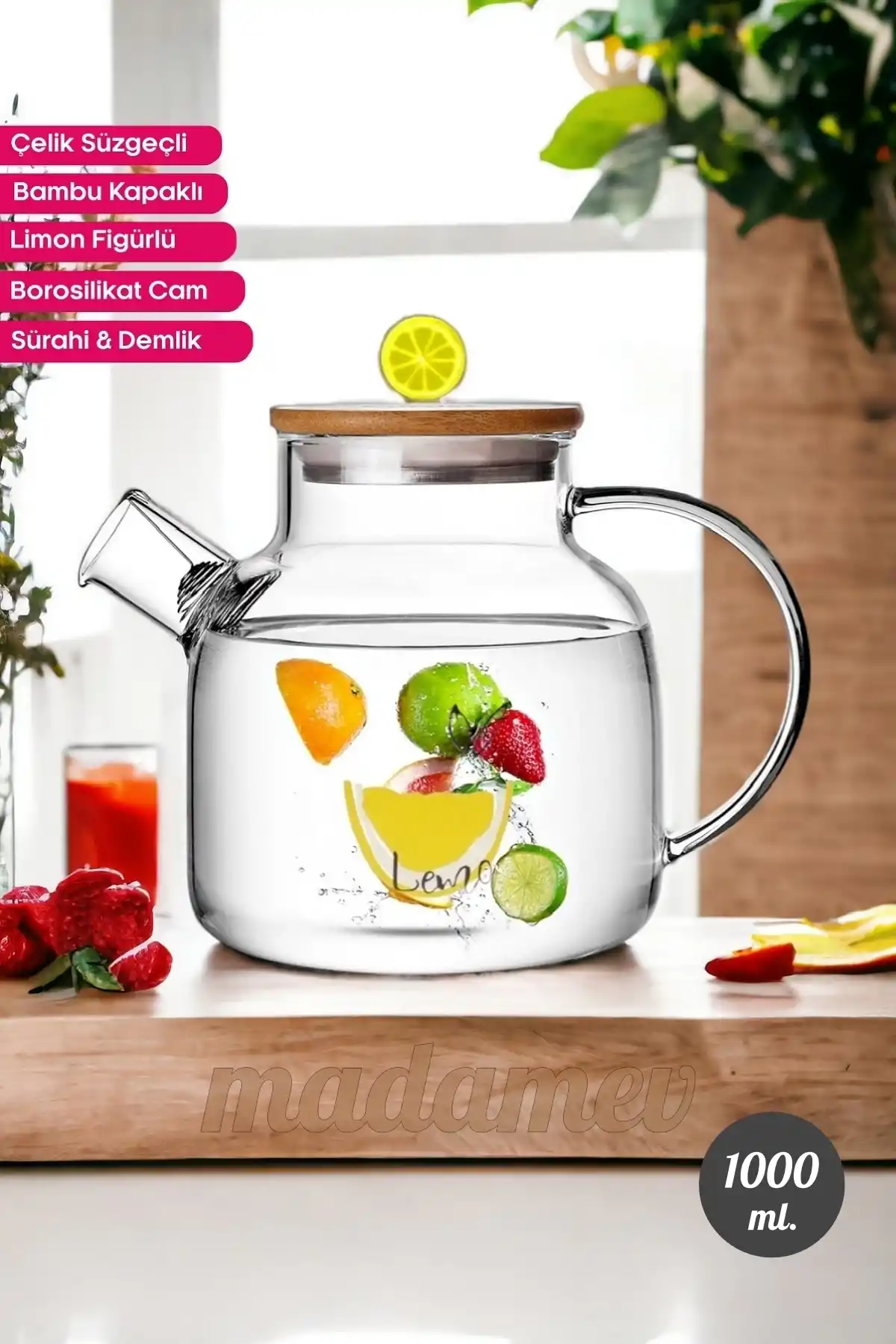 Bambu Kapaklı Limon Figürlü Demlik Borosilikat Cam Sürahi Çelik Süzgeçli Bitki Çayı Çaydanlık 1 lt.