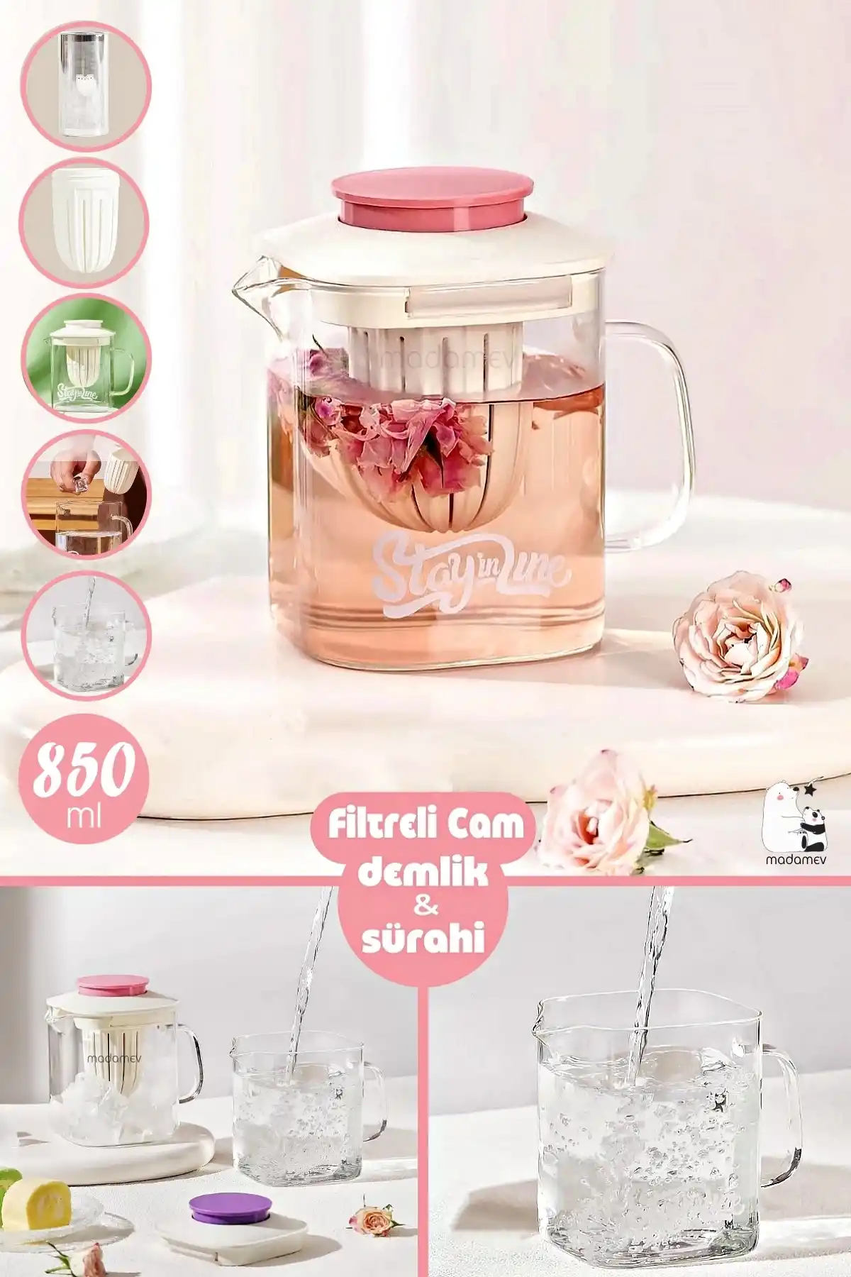Isıya Dayanıklı Borosilikat Filtreli Bitki Çayı Süzgeçli Cam Demlik & Kulplu Sürahi 850 ml.