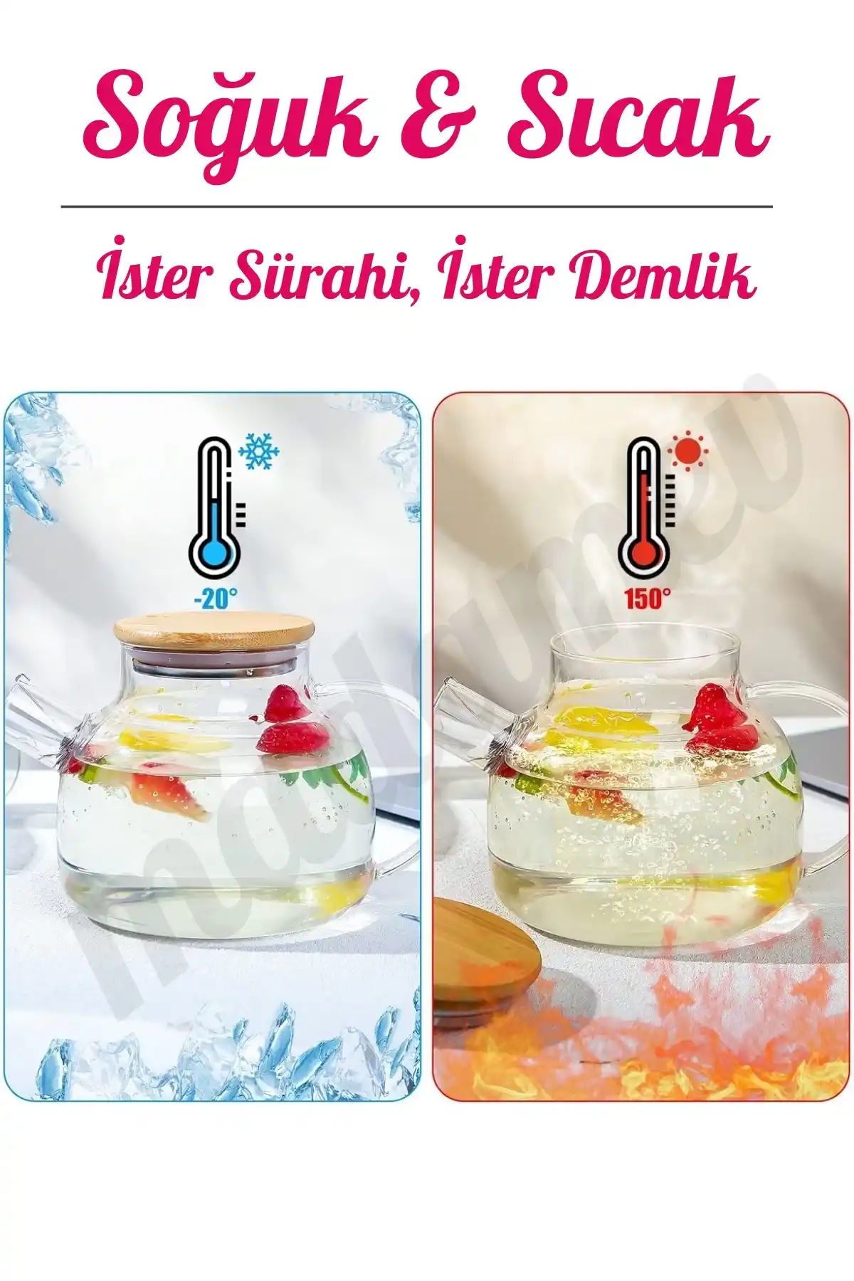 Bambu Kapaklı Çilek Figürlü Demlik Borosilikat Cam Sürahi Çelik Süzgeçli Bitki Çayı Çaydanlık 1 lt.