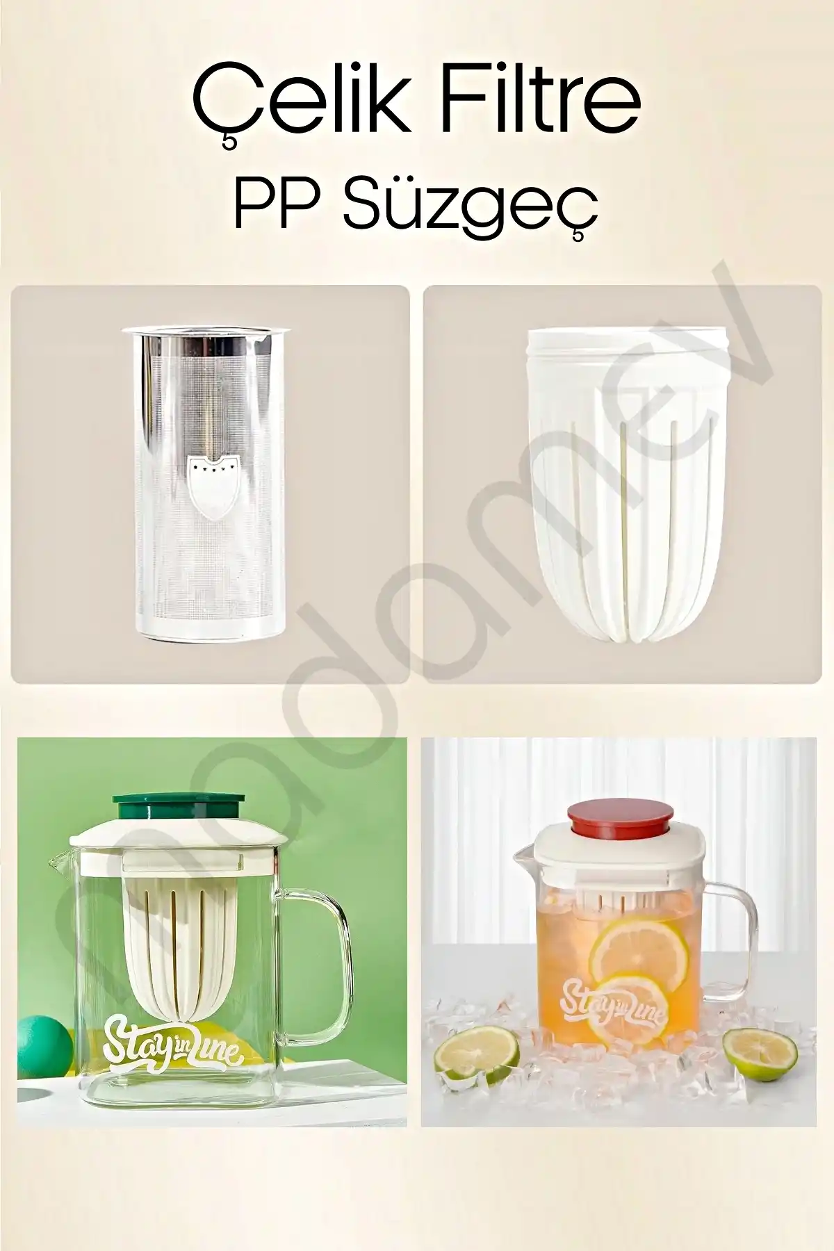 Isıya Dayanıklı Borosilikat Filtreli Bitki Çayı Süzgeçli Cam Demlik & Kulplu Sürahi 850 ml.
