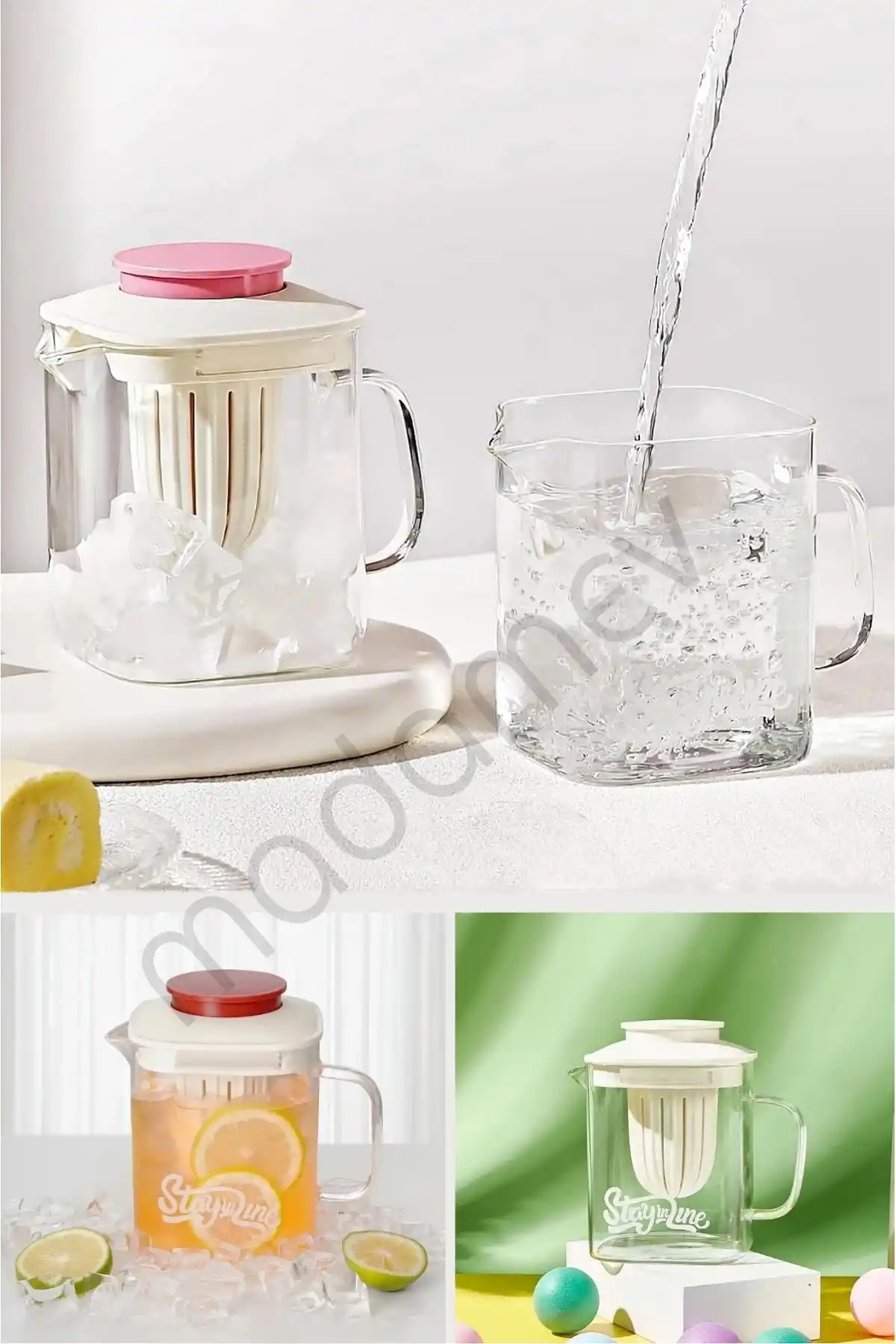 Isıya Dayanıklı Borosilikat Filtreli Bitki Çayı Süzgeçli Cam Demlik & Kulplu Sürahi 850 ml.