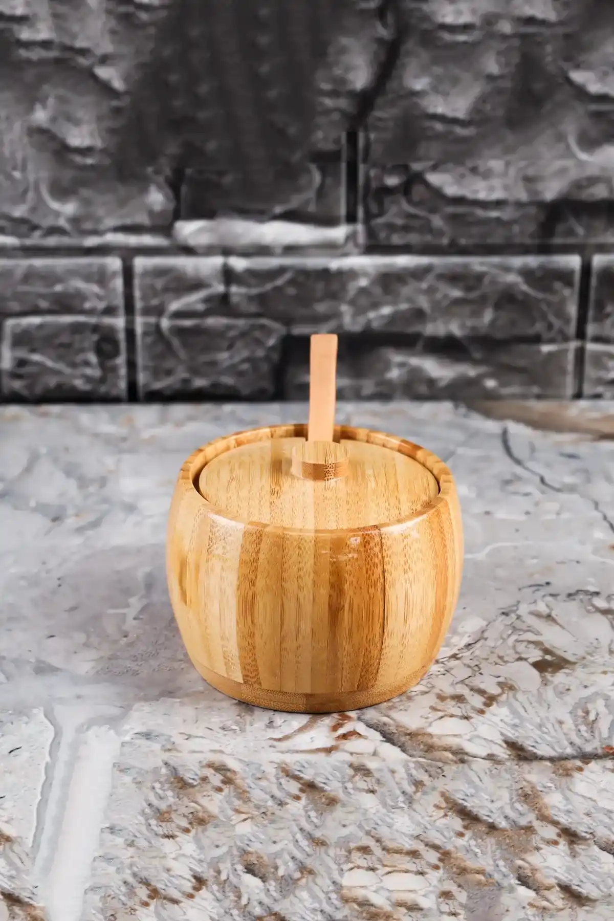 Bambu Kaşıklı Şekerlik & Baharatlık Naturel Çok Amaçlı Bambu Kapaklı Sunumluk