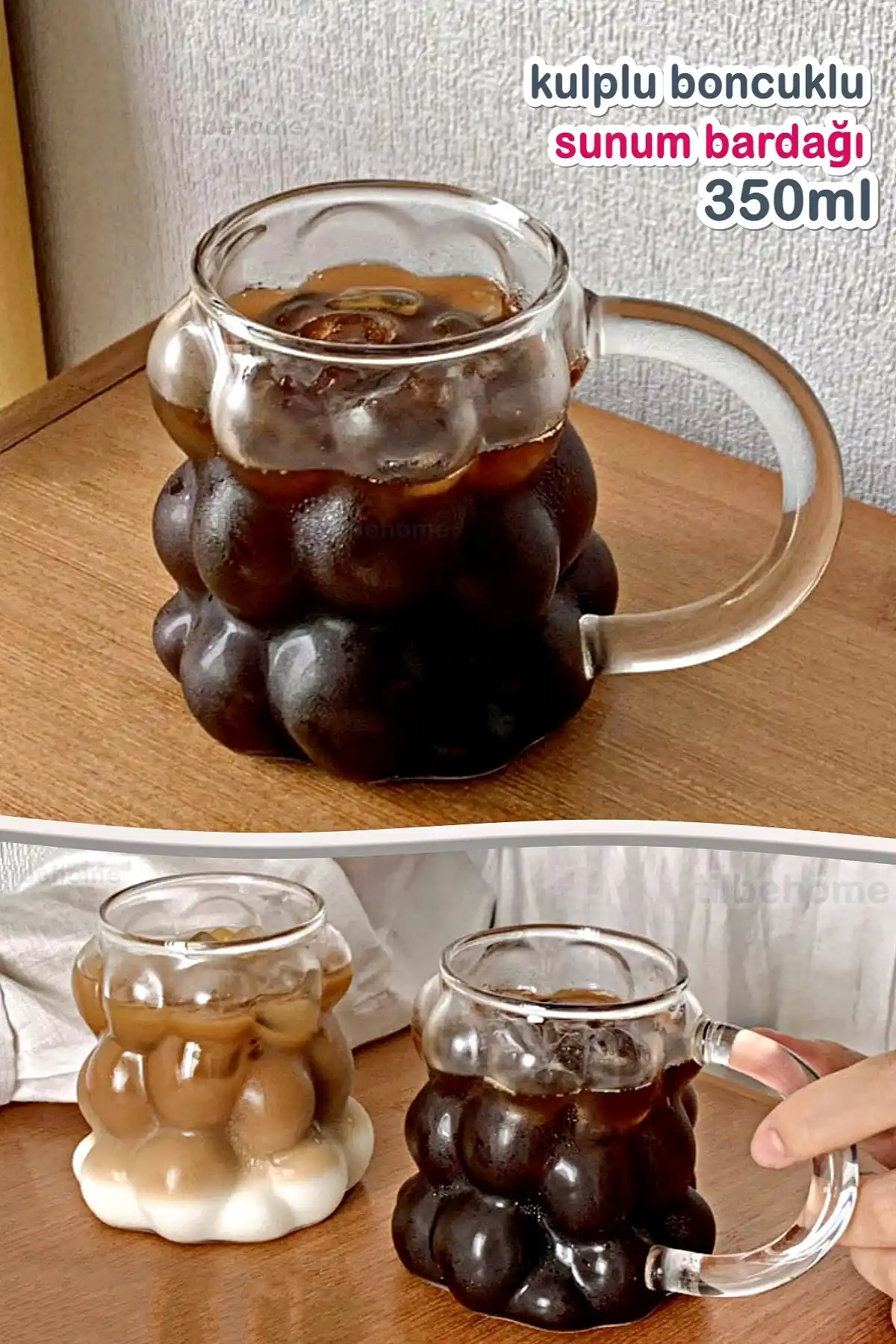 2li Şekilli Boncuk Bardak Meşrubat Üzüm Tanesi Sunum Bardağı Kulplu ve Kulpsuz Retro Cam Bardak