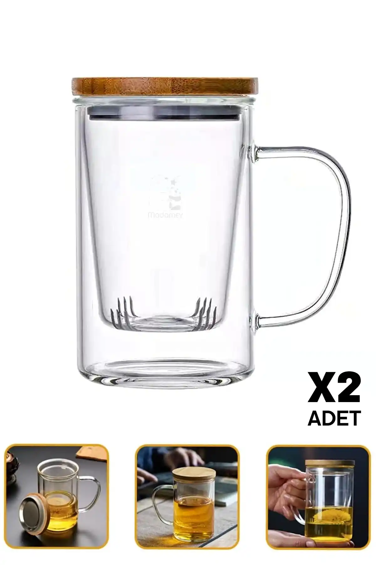 2li Borosilikat Cam Süzgeçli Bambu Kapaklı Kupa Kulplu Demlik Tarz Çift Kat Bitki Çay Bardağı 400ml