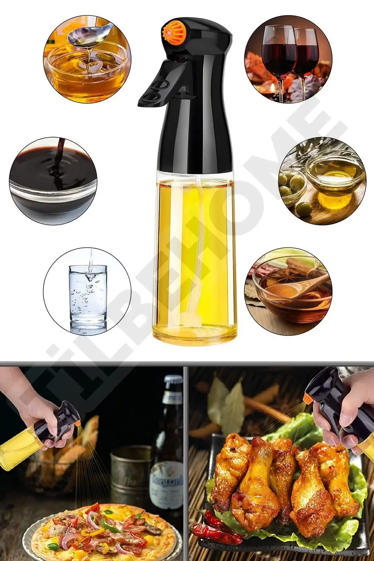 Büyük Boy Sprey Yağdanlık Airfryer Püskürtmeli Cam Şişe Ayçiçek Zeytinyağı 300ml Siyah