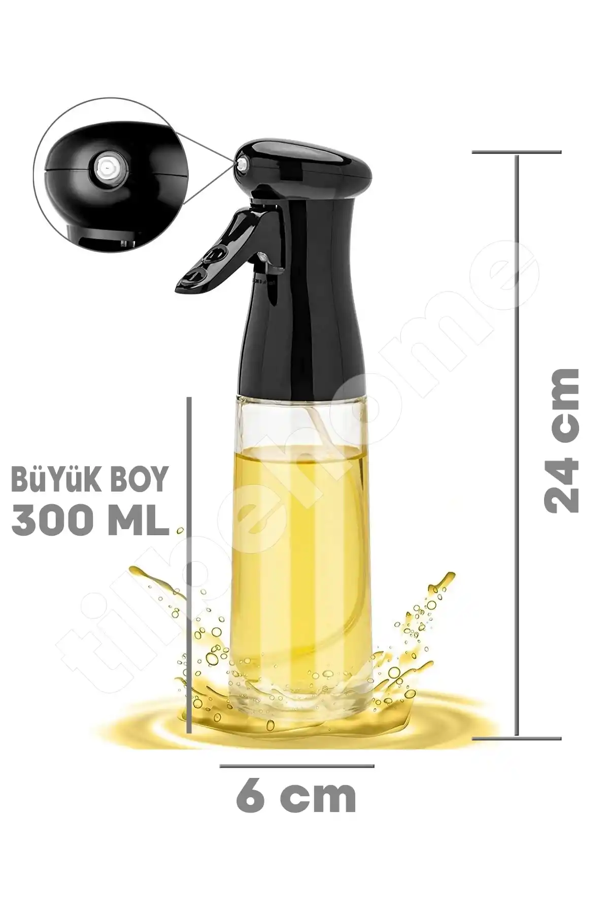 Büyük Boy Sprey Yağdanlık Airfryer Püskürtmeli Cam Şişe Ayçiçek Zeytinyağı 300ml Siyah Beyaz