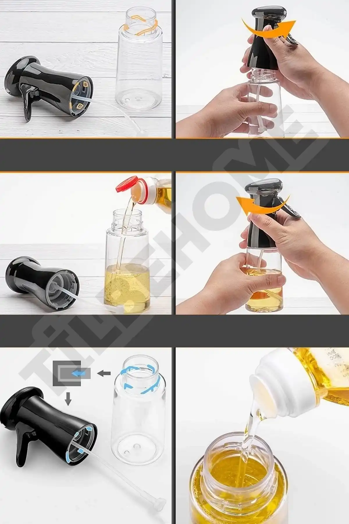 Büyük Boy Sprey Yağdanlık Airfryer Püskürtmeli Cam Şişe Ayçiçek Zeytinyağı 300ml Siyah