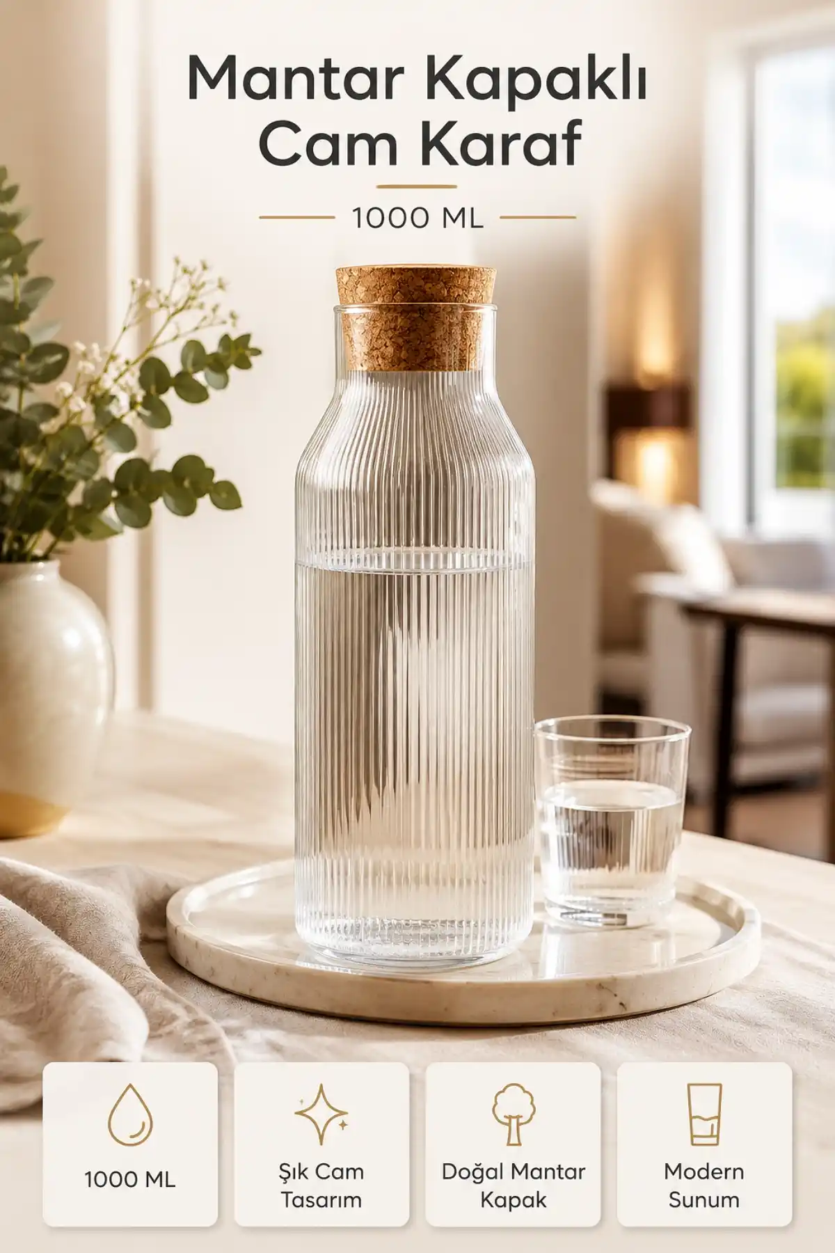Cam Karaf Sürahi 1000 ml Çizgili Mantar Kapaklı Su Şişesi Başucu Sürahisi Still Cam İçecek Şişesi