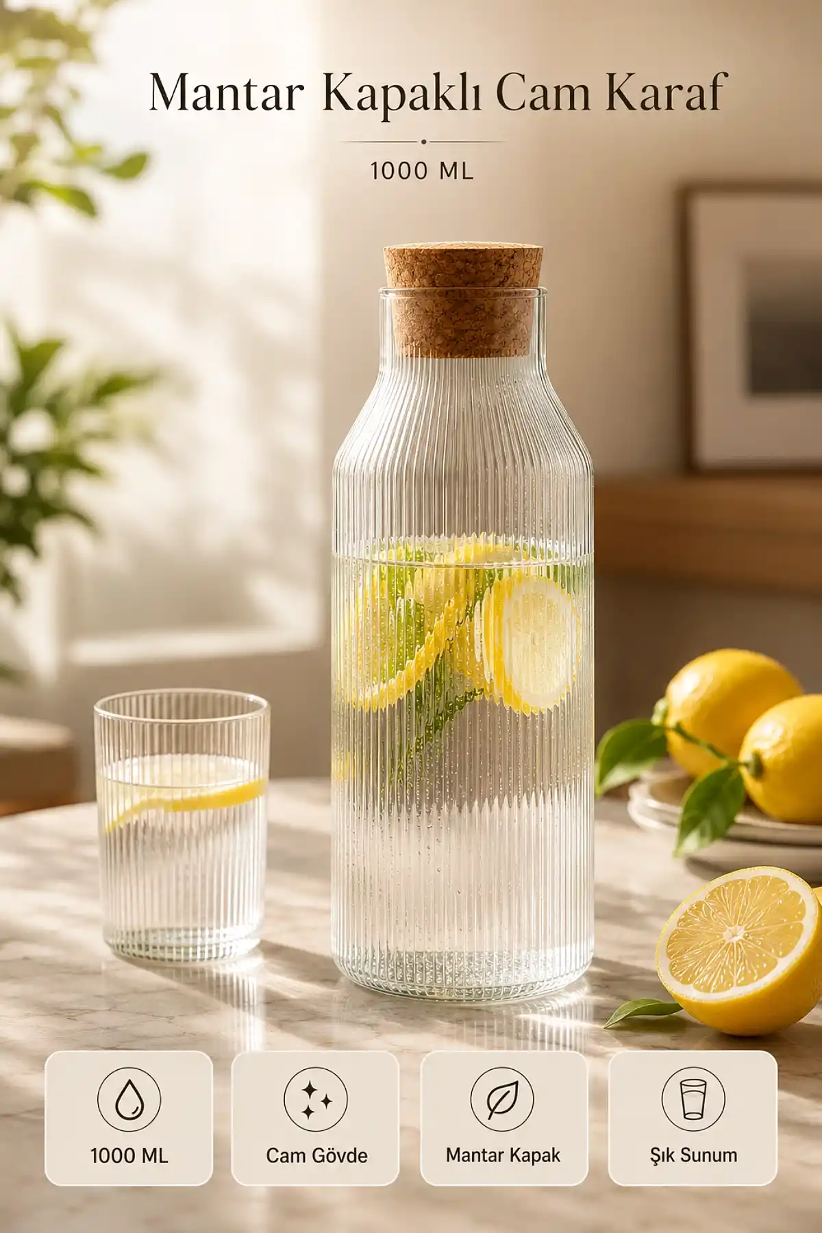 Cam Karaf Sürahi 1000 ml Çizgili Mantar Kapaklı Su Şişesi Başucu Sürahisi Still Cam İçecek Şişesi