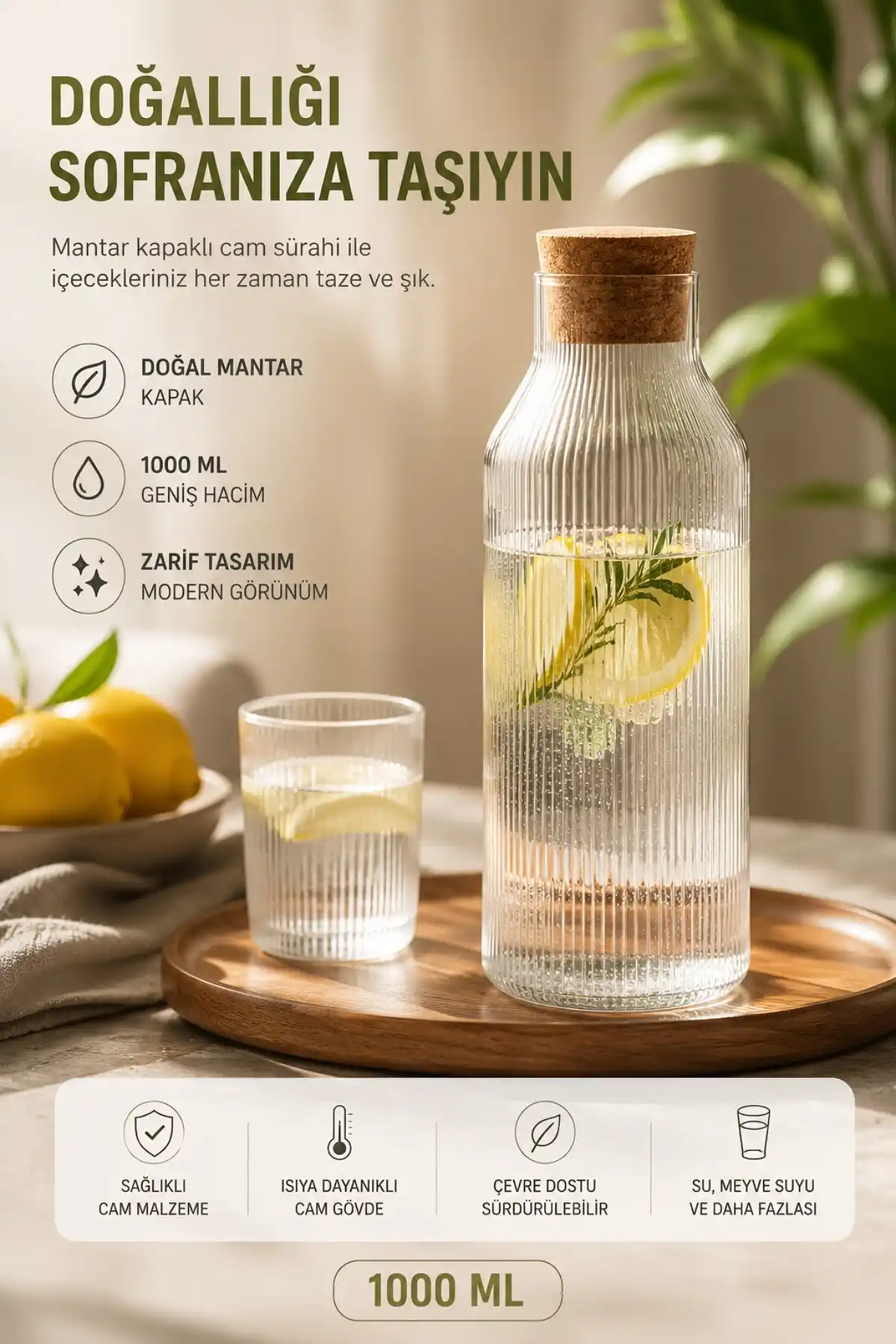 Cam Karaf Sürahi 1000 ml Çizgili Mantar Kapaklı Su Şişesi Başucu Sürahisi Still Cam İçecek Şişesi