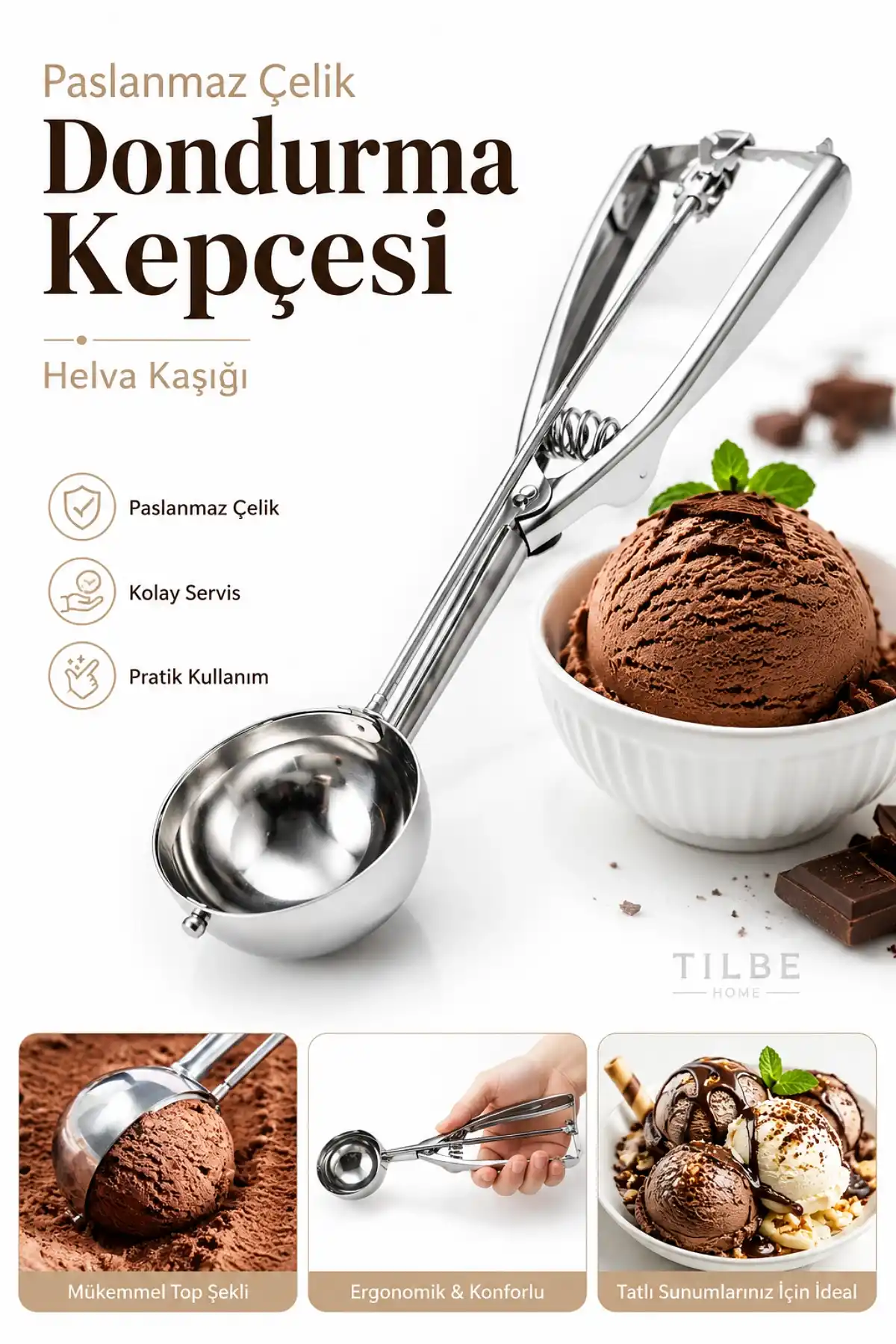 Çelik Dondurma Kepçesi Helva Kaşığı Kurabiye Hamur Porsiyonlama Servis Sunum Kaşığı Mutfak Gereci