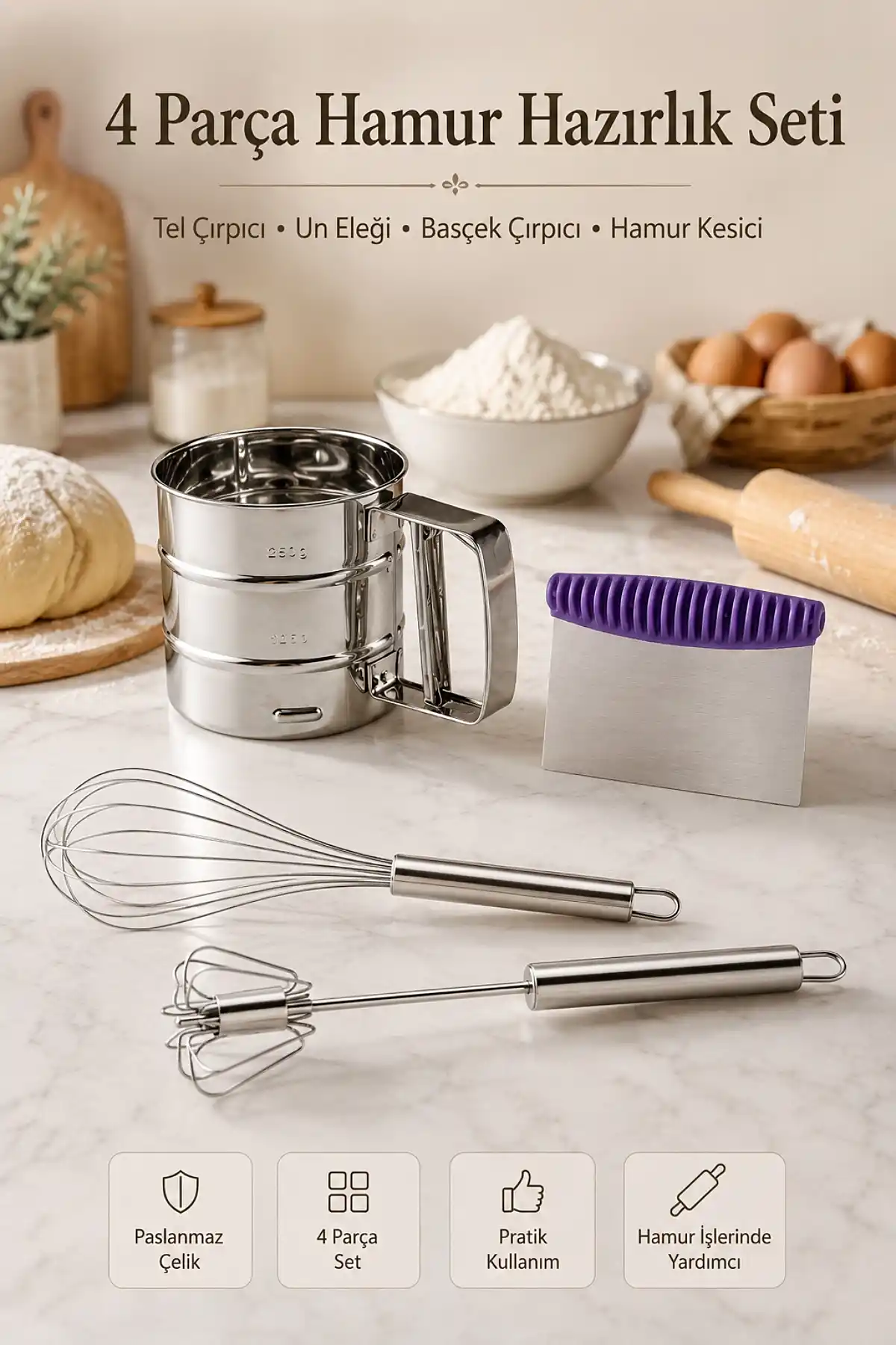 4 Parça Çelik Mutfak Seti Un Eleği Basmalı Çırpıcı Tel Çırpıcı Hamur Kesme Spatulası Mutfak Seti